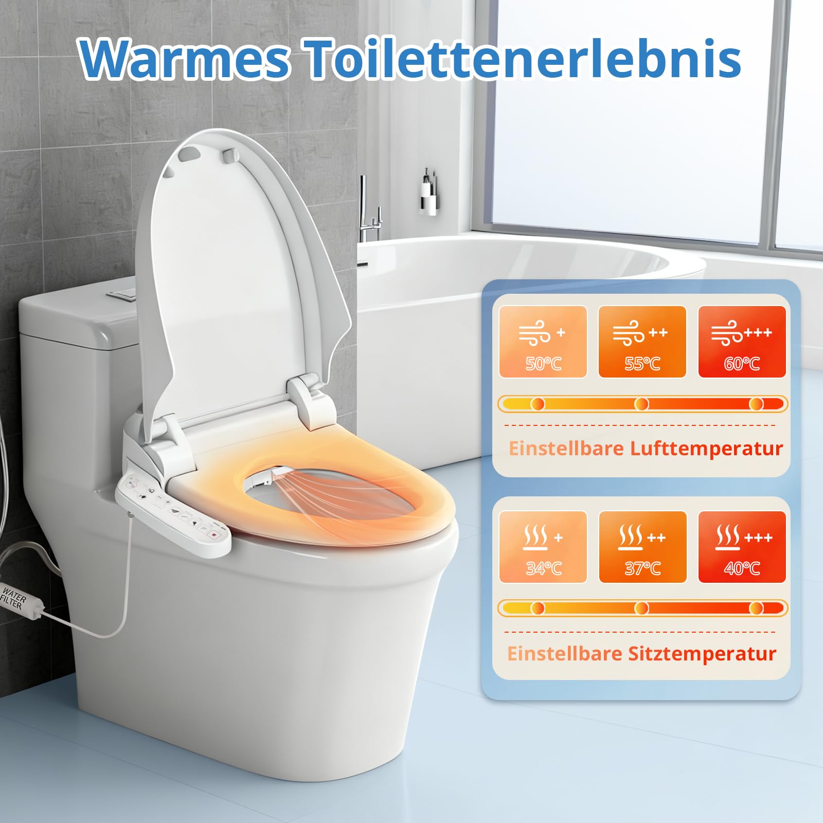 Siège de bidet électrique intelligent 300S, version standard, siège de toilette chauffant avec 2 fonctions de nettoyage, sèche-cheveux à air chaud, buse en acier inoxydable (Courbé-300S)
