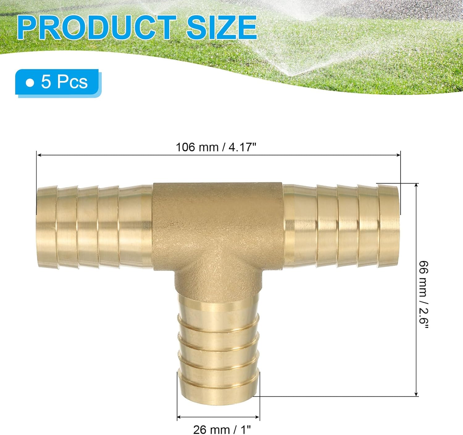 PATIKIL 1" Brass Tee Hose Barb Fitting,5 Pcs 3 Ways Union Intersection T Shape Barbed Split for Air Water Fuel Gas Liquid, Golden