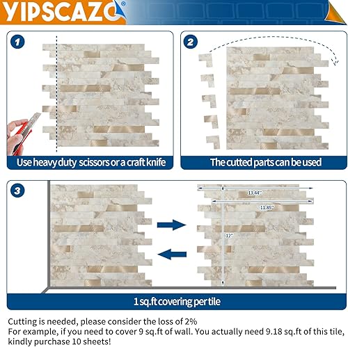 Miniatura 9 de Yipscazo 10 hojas de azulejos de metal de piedra para despegar y pegar, para pegar en azulejos para cocina, baño, lavandería, cámper, chimenea (12 x