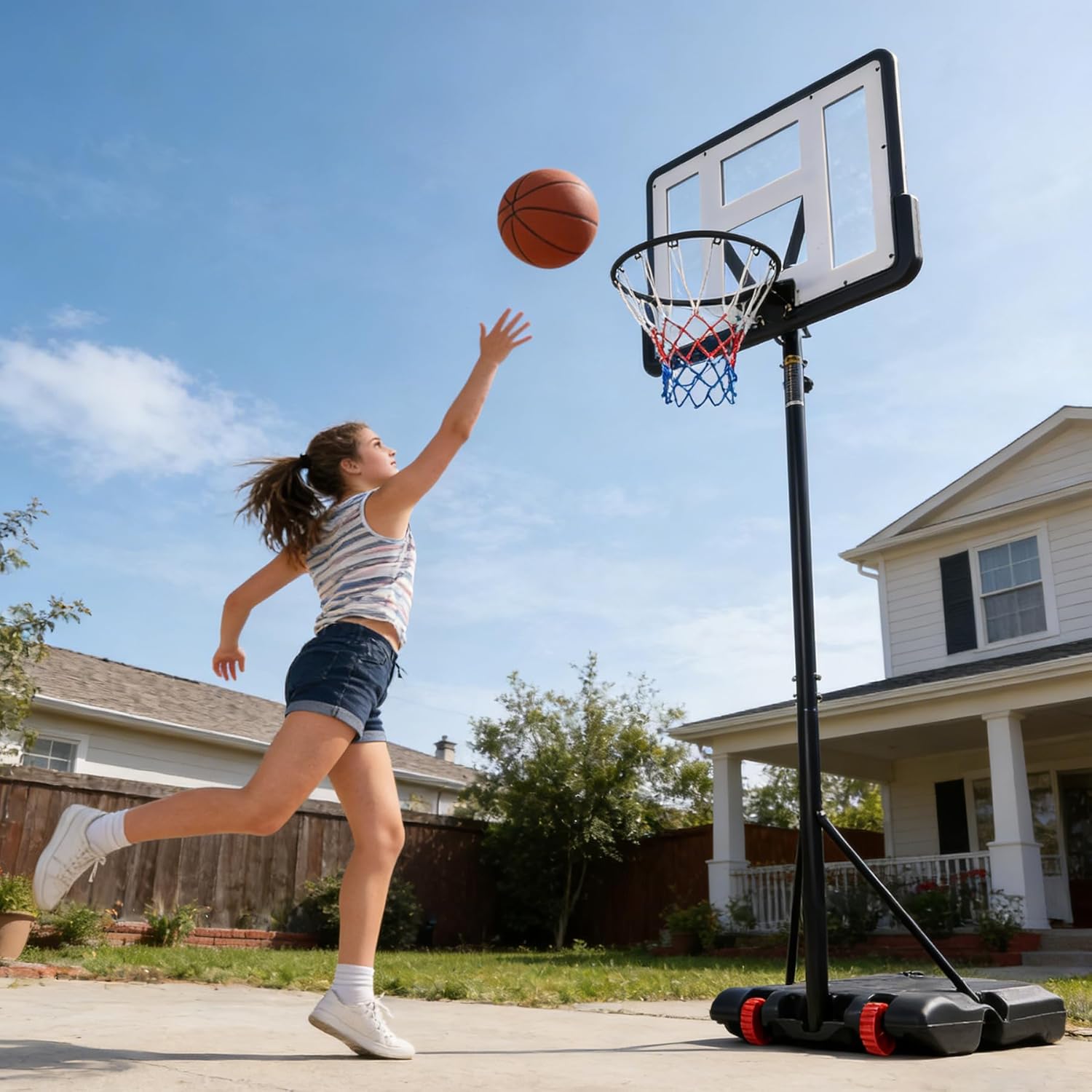 JupiterForce Portable Basketball Hoop Outdoor, 7.2-9.2ft Height Adjustable Basketball Hoop Goal System with 32 inch Basketball Backboard, Stand, Fillable Base, and Wheels for Kids, Teenagers, Adults