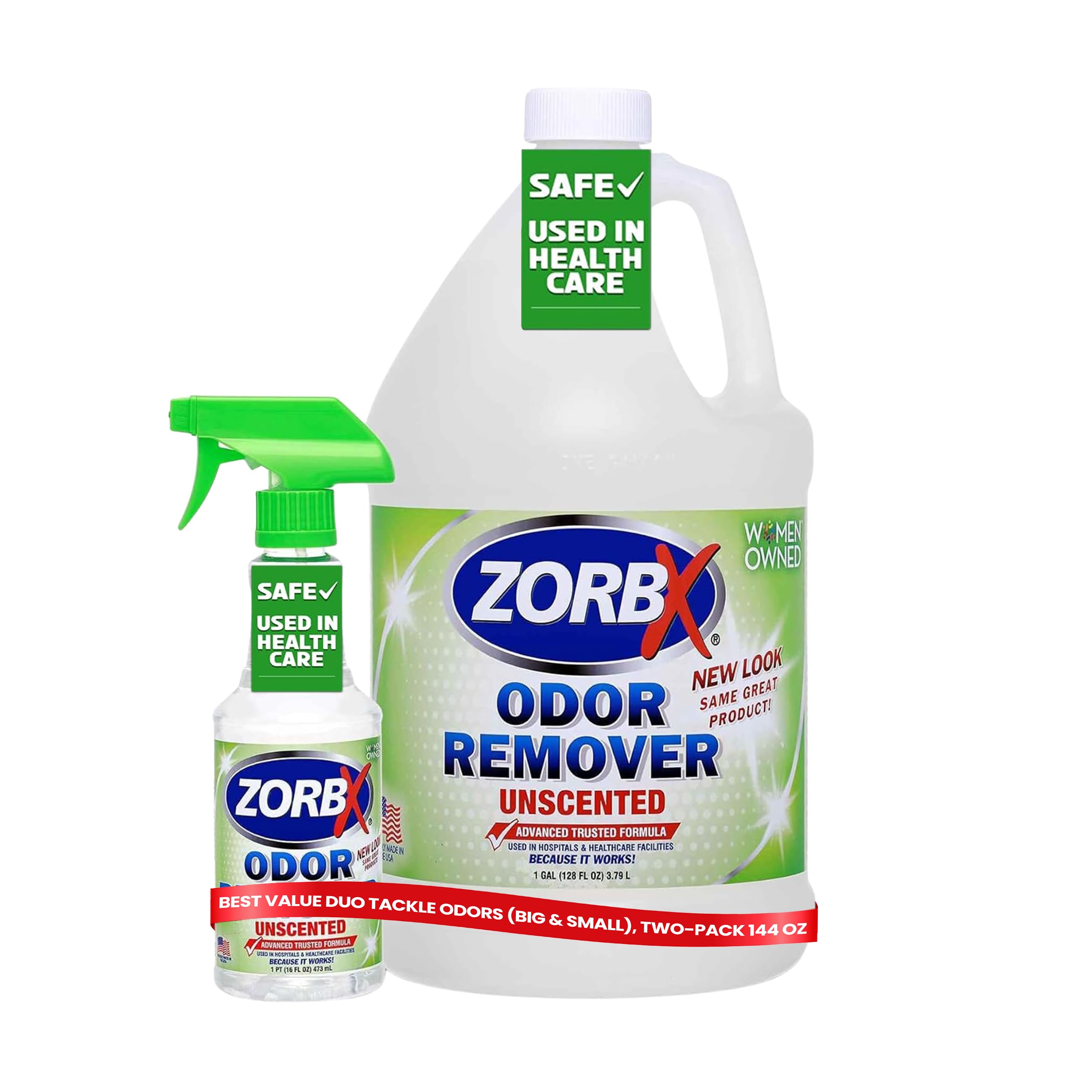 ZORBX Unscented Odor Eliminator for Strong Odor 16 Oz + 128 Oz - Used in Hospitals & Healthcare Facilities - Advanced Trusted Formula, Fast-Acting Odor Remover Spray for Dog, Cat, House & Carpet