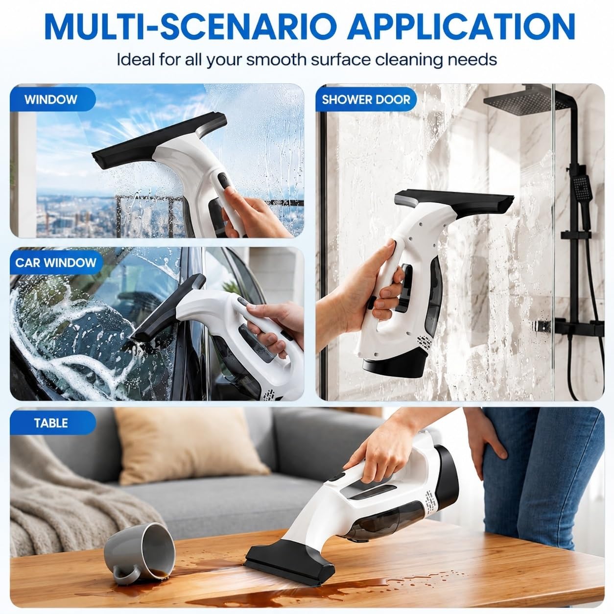 Lavavetri Elettrico Senza Fili, Pulitore Vetri con Aspirazione Acqua 2200mAh, Tergivetro Ricaricabile Anti-Aloni, Per Finestre, Bagno, Auto e Superfici Lisce