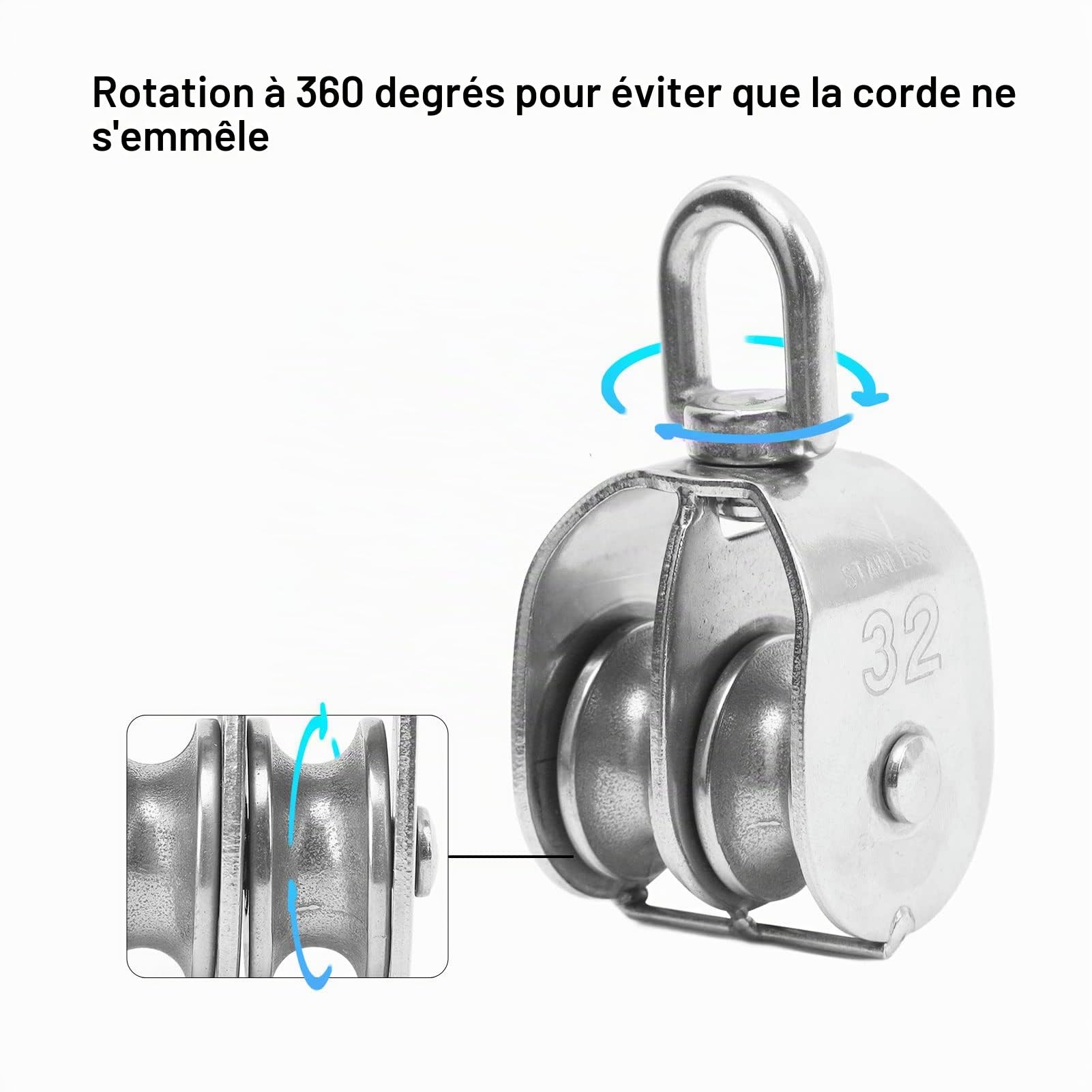 Bloc de Poulie Double 2 Pièces, Bloc de Poulie de Câble M32 Poulie de Rotation à 360 Degrés en Acier Inoxydable pour le Levage de Câble