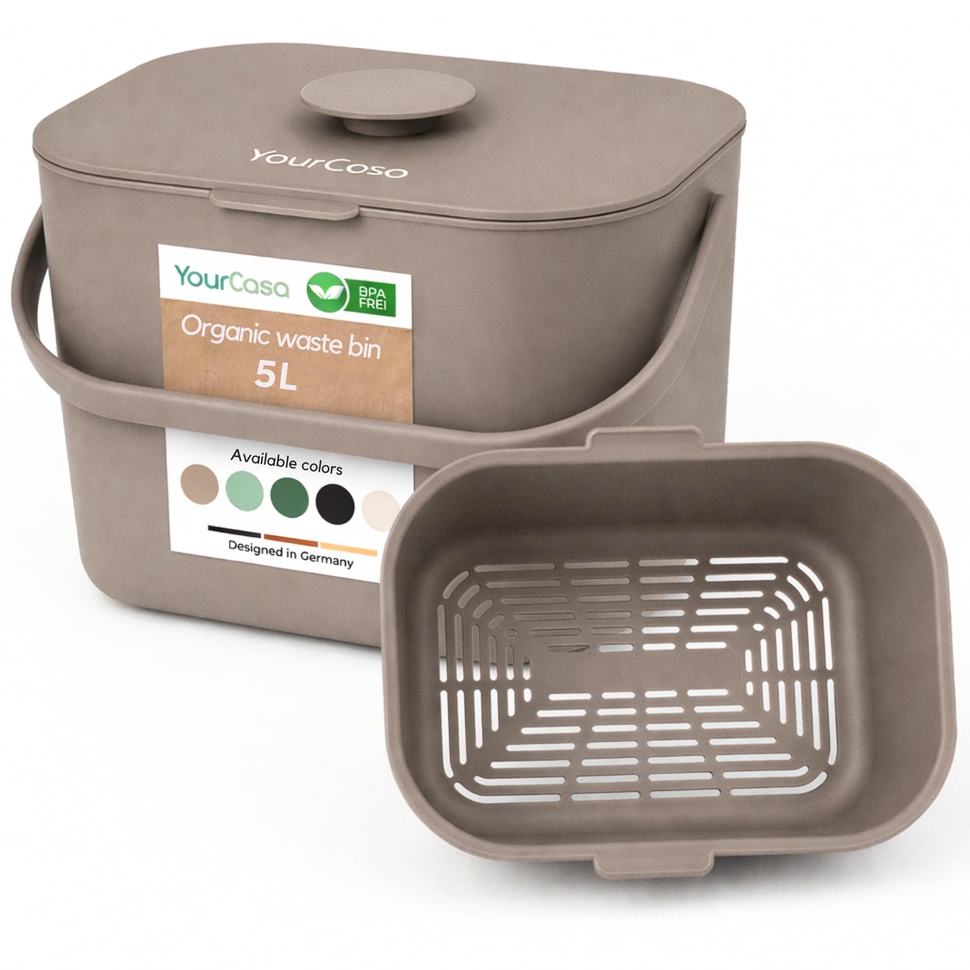 YourCasa Organic Waste Bin Kitchen 5L - Compost Bin for Everyday Organic Waste Container - Dishwasher Safe - Odour-Proof with Sieve & Ergonomic Handle - Organic Waste Bin Small Composter Bio Bin