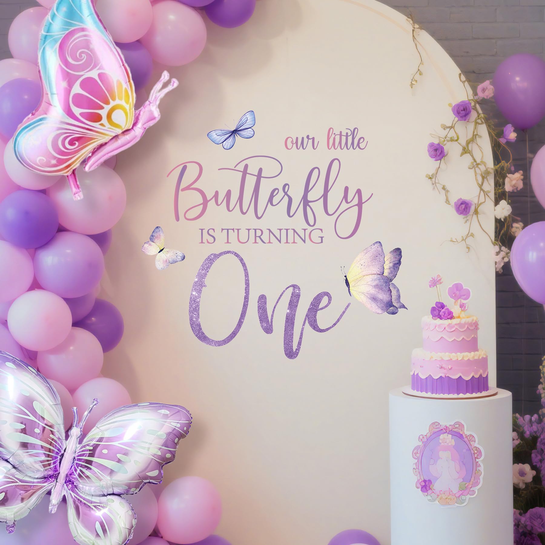 Butterfly First Birthday Decorations - Our Little Butterfly is Turning One Decal Sign for Balloons Arch Backdrop, Purple Our Little Butterfly is