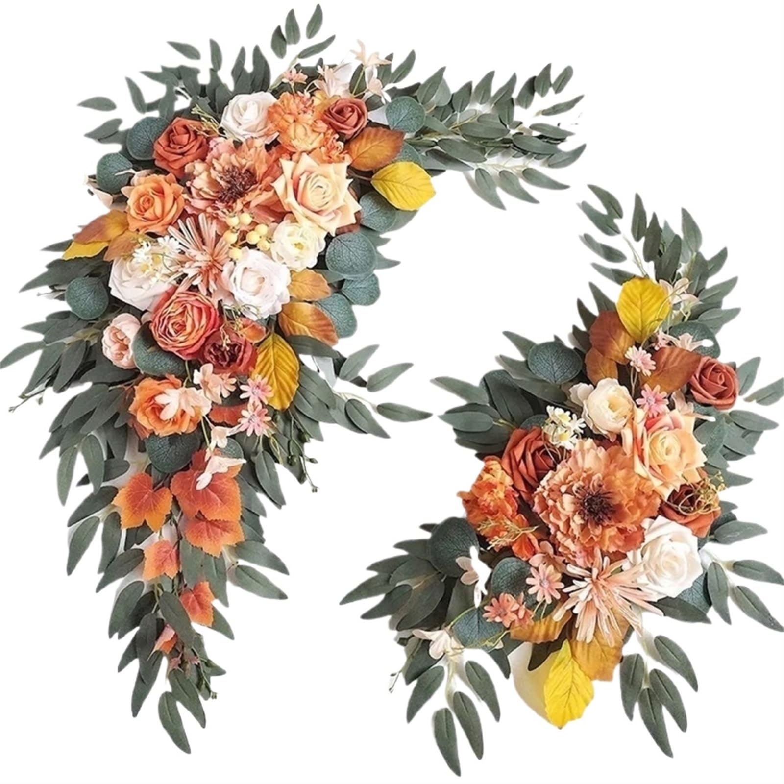 WJIAYAO Artificial Wedding Arch Flowers Kit Orange Wedding Arch Flowers White Drape Kit for Ceremony Reception Backdrop Floral Decoration(Color1)