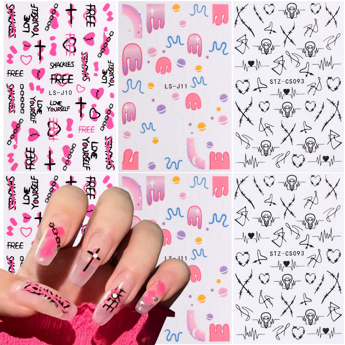 6 Sheets Nail Stickers for Women,Designer Nail Art Supplies 3D Transfer Foils Letter Heart Star Glitter Nail Decals for Love Yourself Thorn Rose Fashion Girls Nail Design Manicure Decoration Accessory