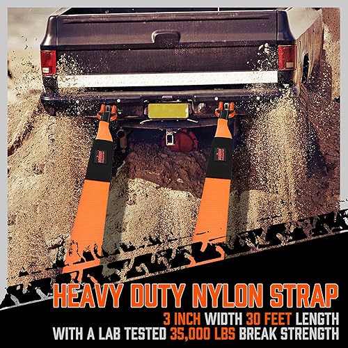 Miniatura 7 de HORUSDY Correa de remolque de nailon resistente con ganchos de 3 pulgadas x 30 pies - 35,000 libras de resistencia a la rotura, receptor de enganche