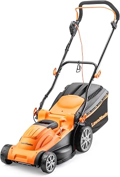 LawnMaster 1600W Electric Lawn Mower with 37cm cutting width, ideal for medium sized lawns. Rear roller for striped finish. With 6 adjustable cutting heights and mulching plug, Orange