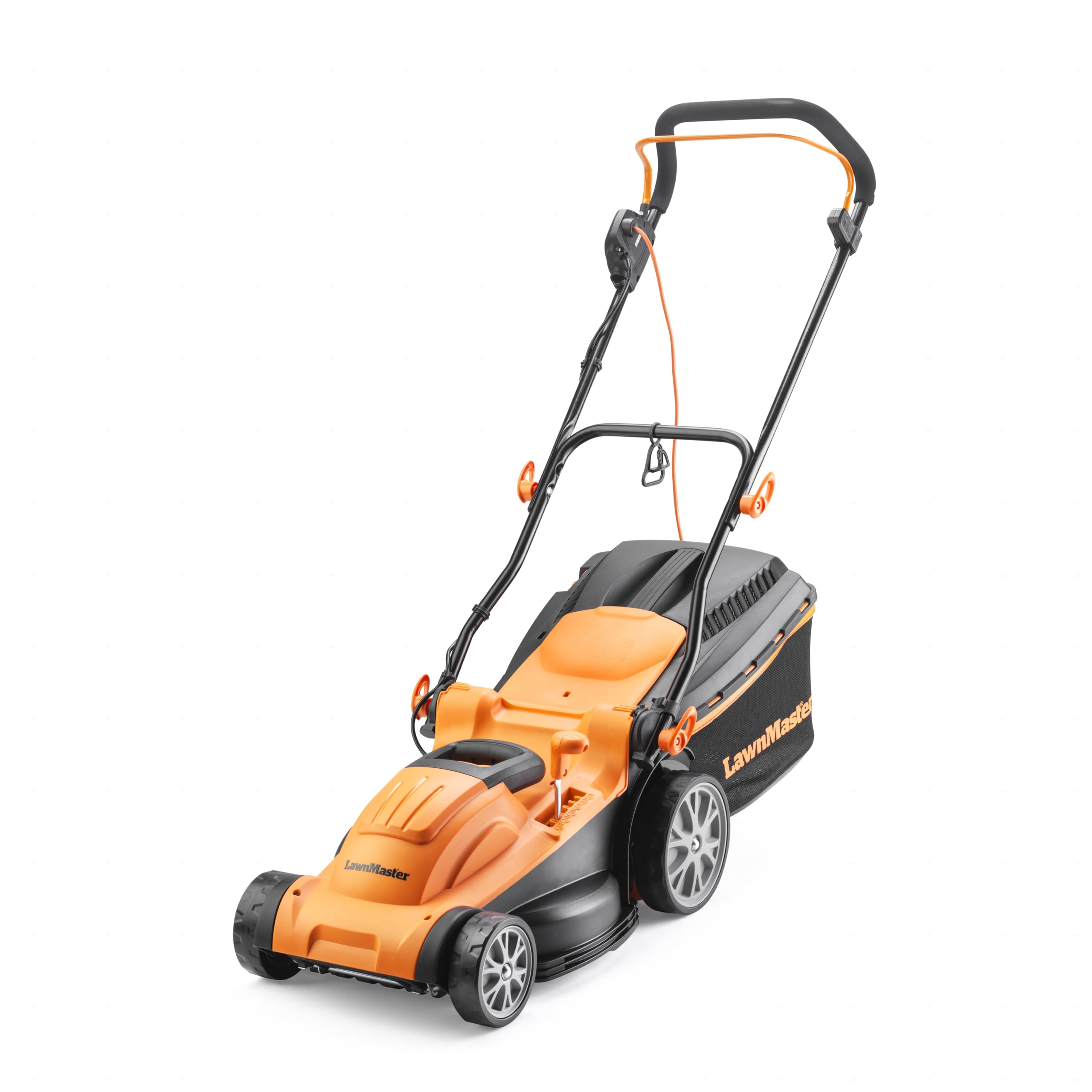 LawnMaster 1600W Electric Lawn Mower with 37cm cutting width, ideal for medium sized lawns. Rear roller for striped finish. With 6 adjustable cutting heights and mulching plug, Orange