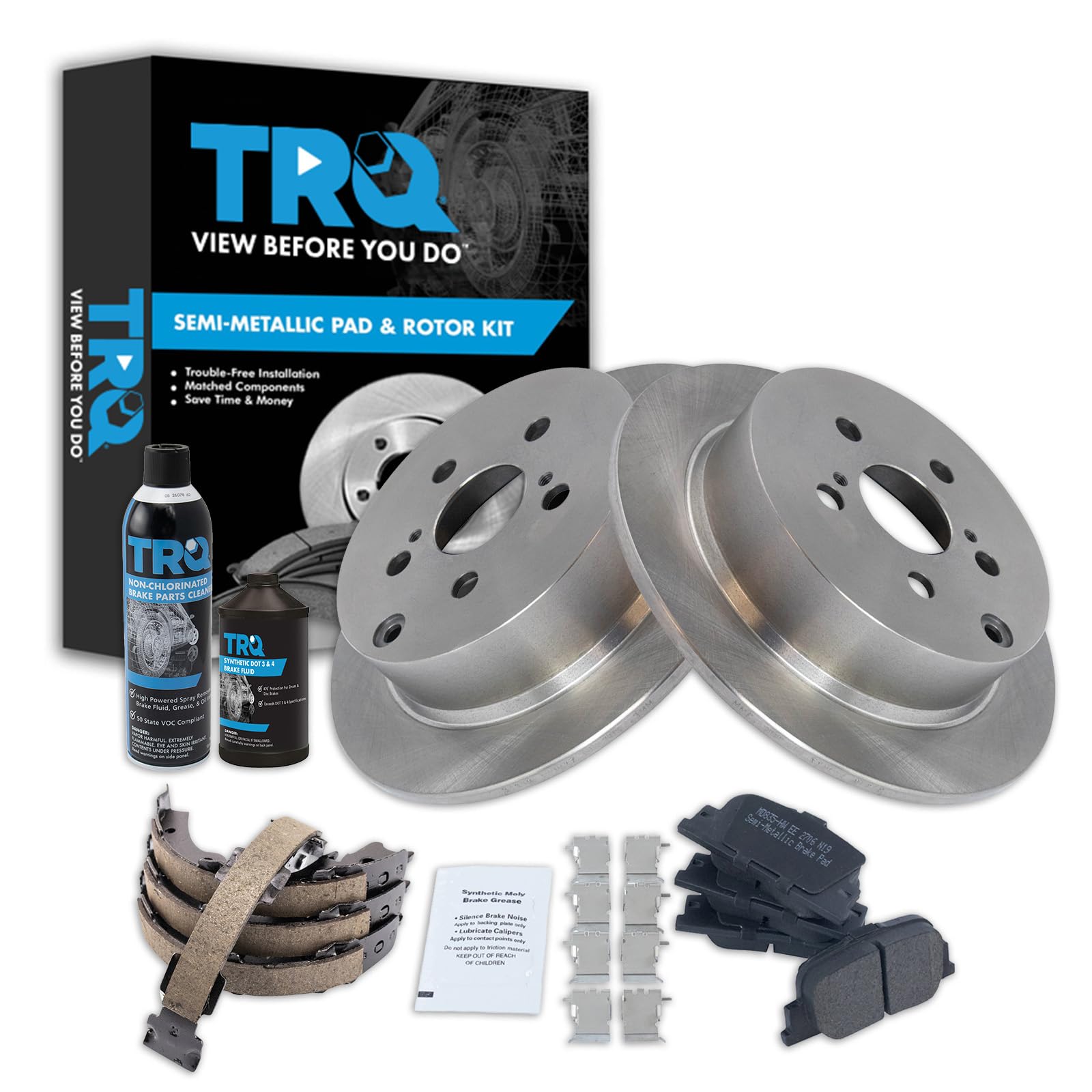 TRQ Rear Brake Pad &amp; Rotor Kit, with Chemical Kit Parking Brake Shoe Set Semi-Metallic Compatible with 2005-2010 Scion tC