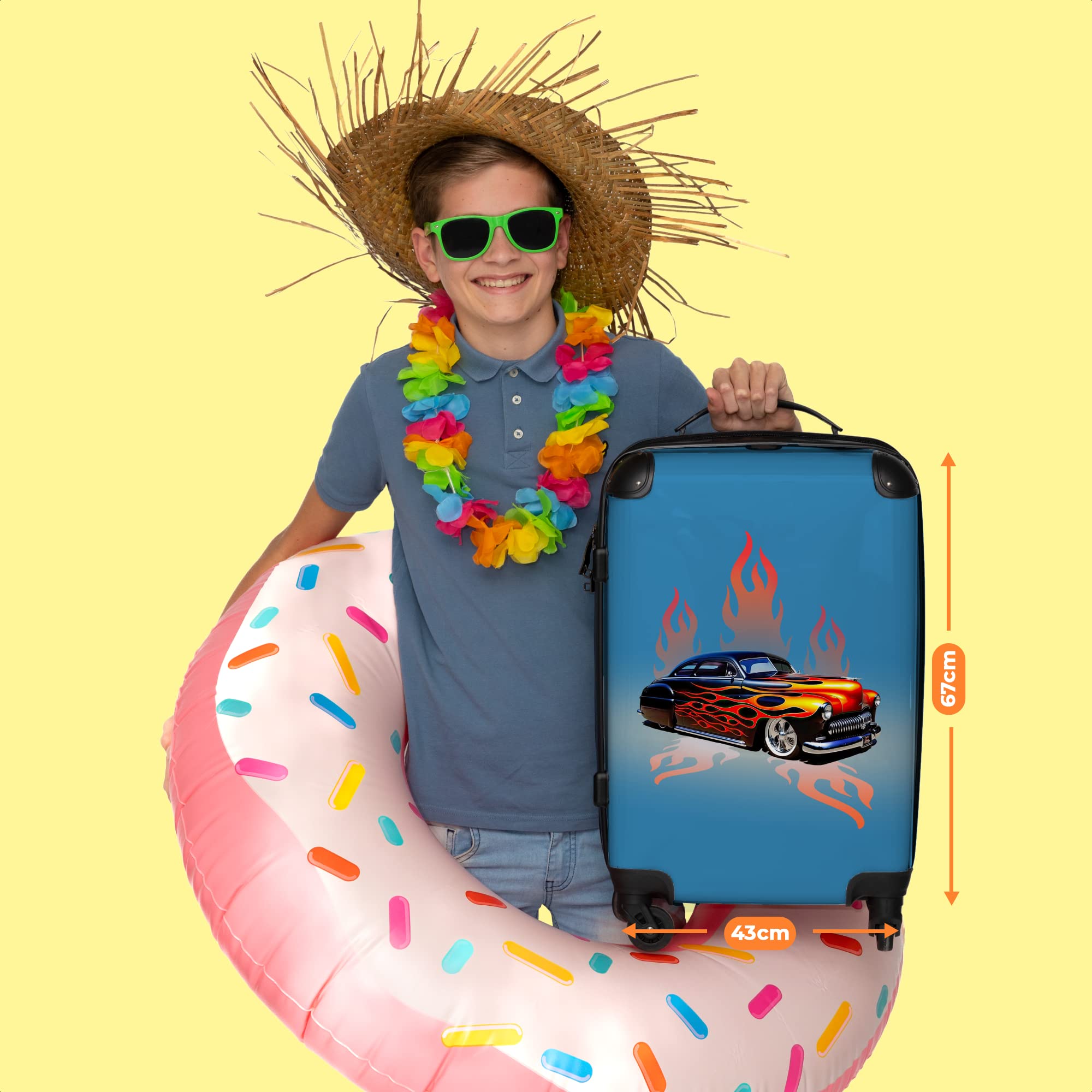 NoBoringSuitcases© Valigia Grande - 90 litri - da viaggio | Auto - Fiamme - Fuoco - Blu - Vintage - Chiusura a combinazione TSA - Trolley Rigido 4 ruote