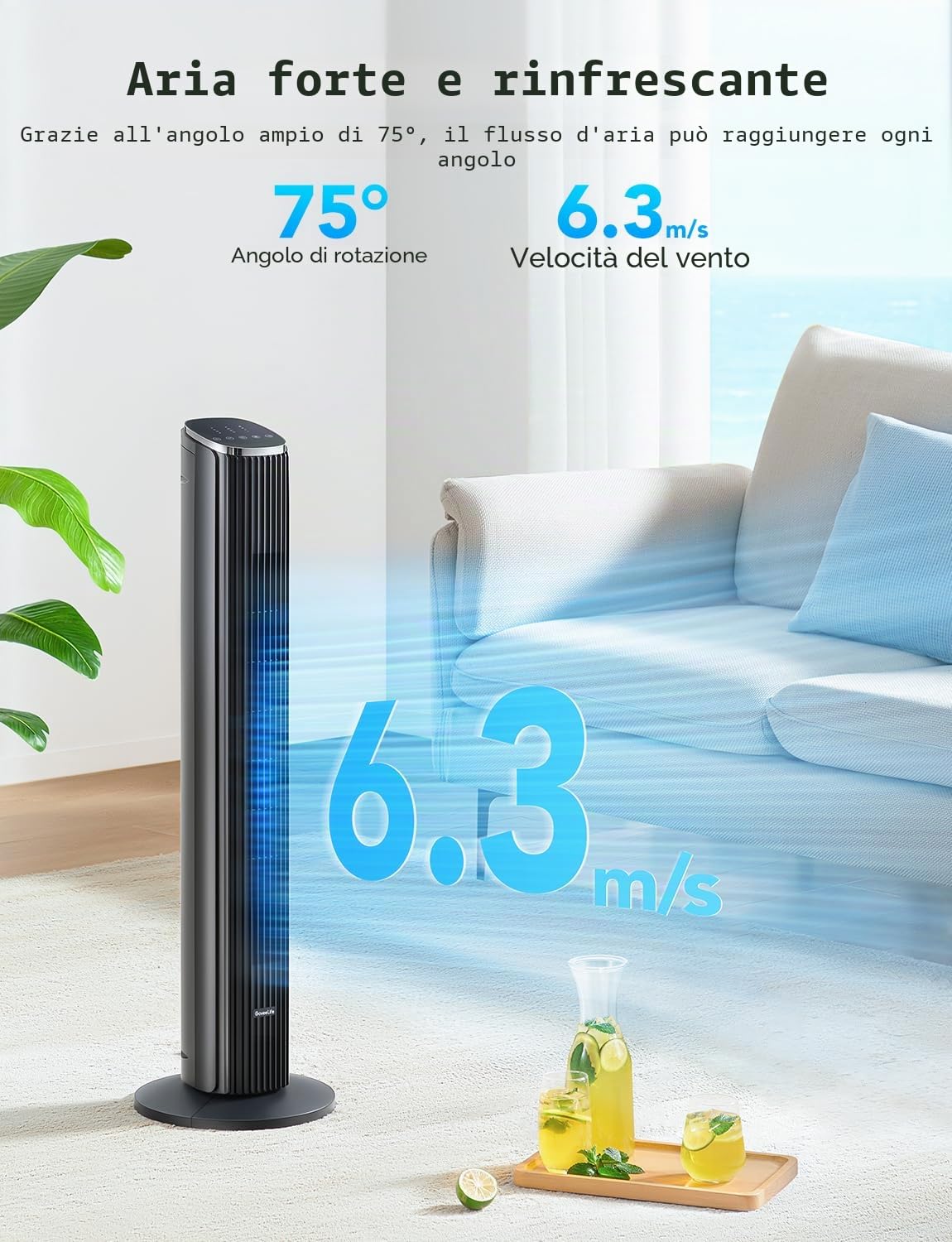 GoveeLife Ventilatore a Torre Intelligente Silenzioso 75 Gradi Oscillazione | Controllo tramite App e Comando Vocale, 5 Modalità, 8 Livelli, Timer da 24 Ore per la Funzione Raffreddamento