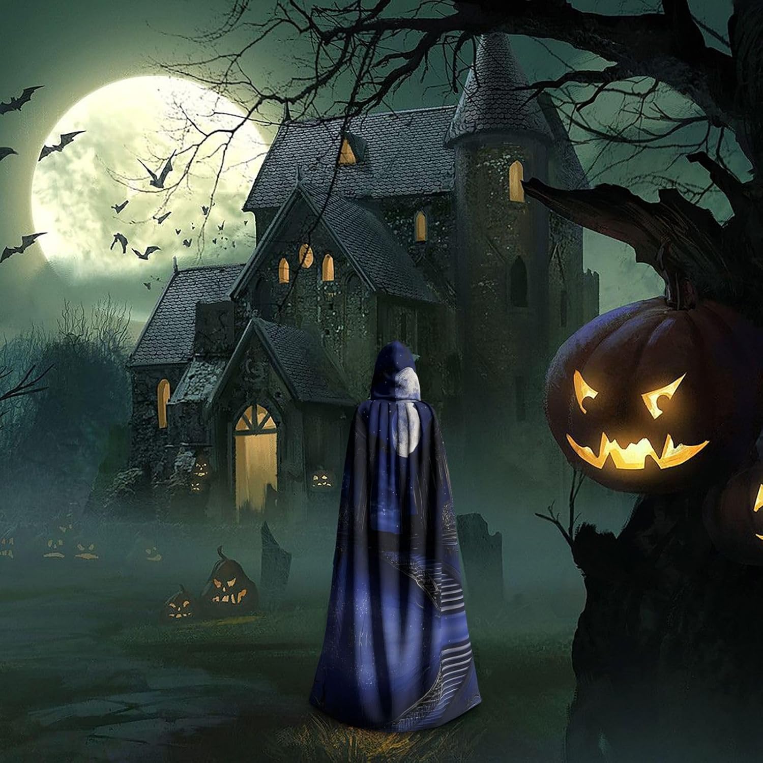 Blue Moonlight Mansion Room Unique Darkness Poncho Shawl - Customizable Wearable Blanket for Women, Perfect Halloween Costume Accessory, Knight, Akatsuki, and More