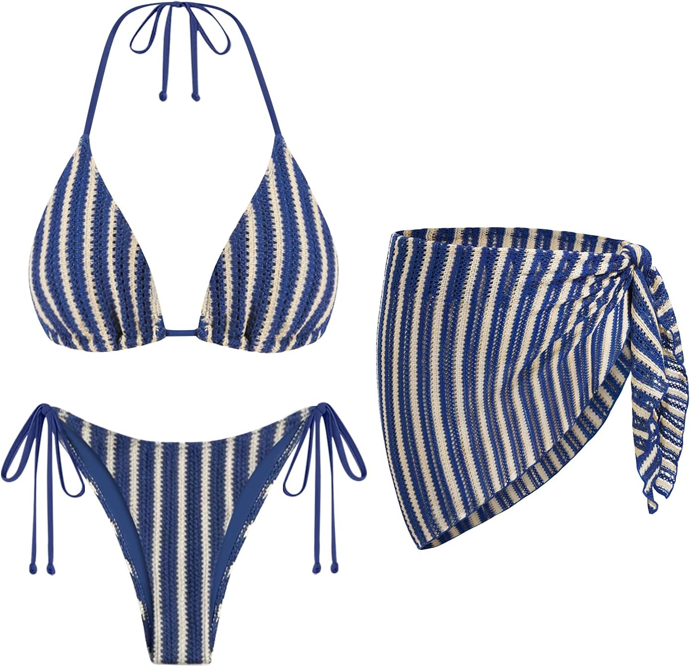 Women's 3 Piece Sexy Triangle Crochet Bikini Set - Halter Tie Side Swimsuit with Cover Up for Beach Vacation 2026