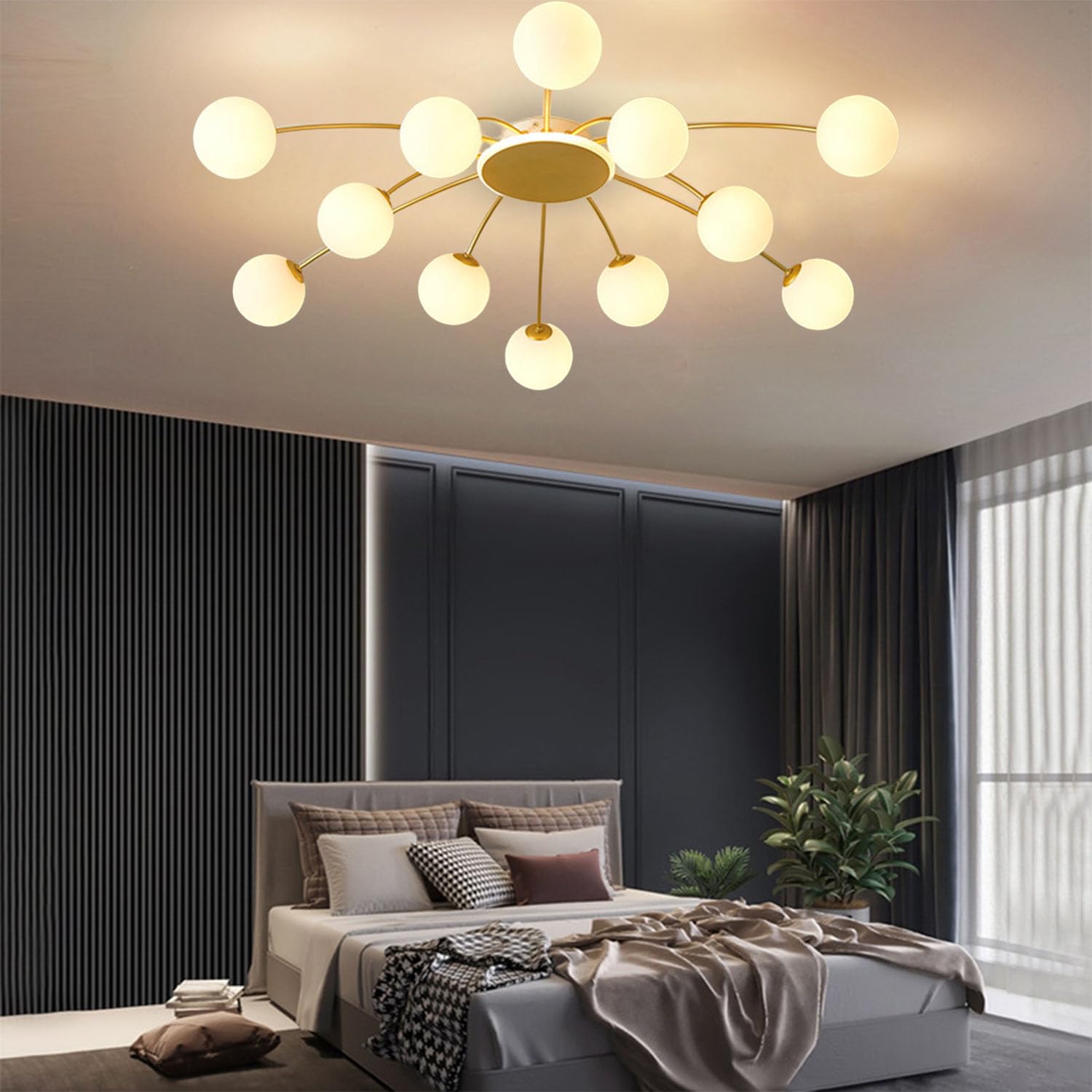 zhxinashu Lampadario oro per Soggiorno,Lampadario Sputnik a 12 Luci | Lampadario Sputnik Mid-Century, Lampadine G9 Non Incluse, Globo in Vetro, Plafoniera Industriale per Camera da Letto