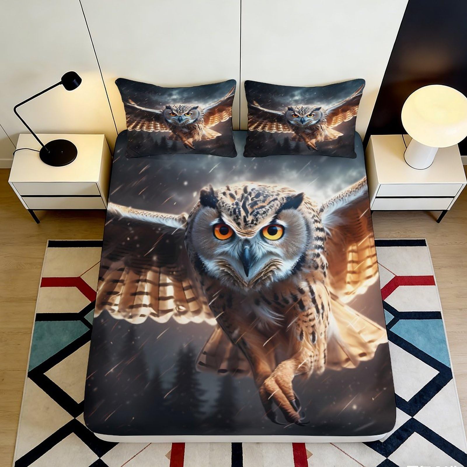 3D Printed Owl Design Fitted Sheet Microfiber Durable Soft 3D Printed Flying Owl Mattress Cover for Bedroom Dormitory Guest Room Protection Decoration 180x200x25cm