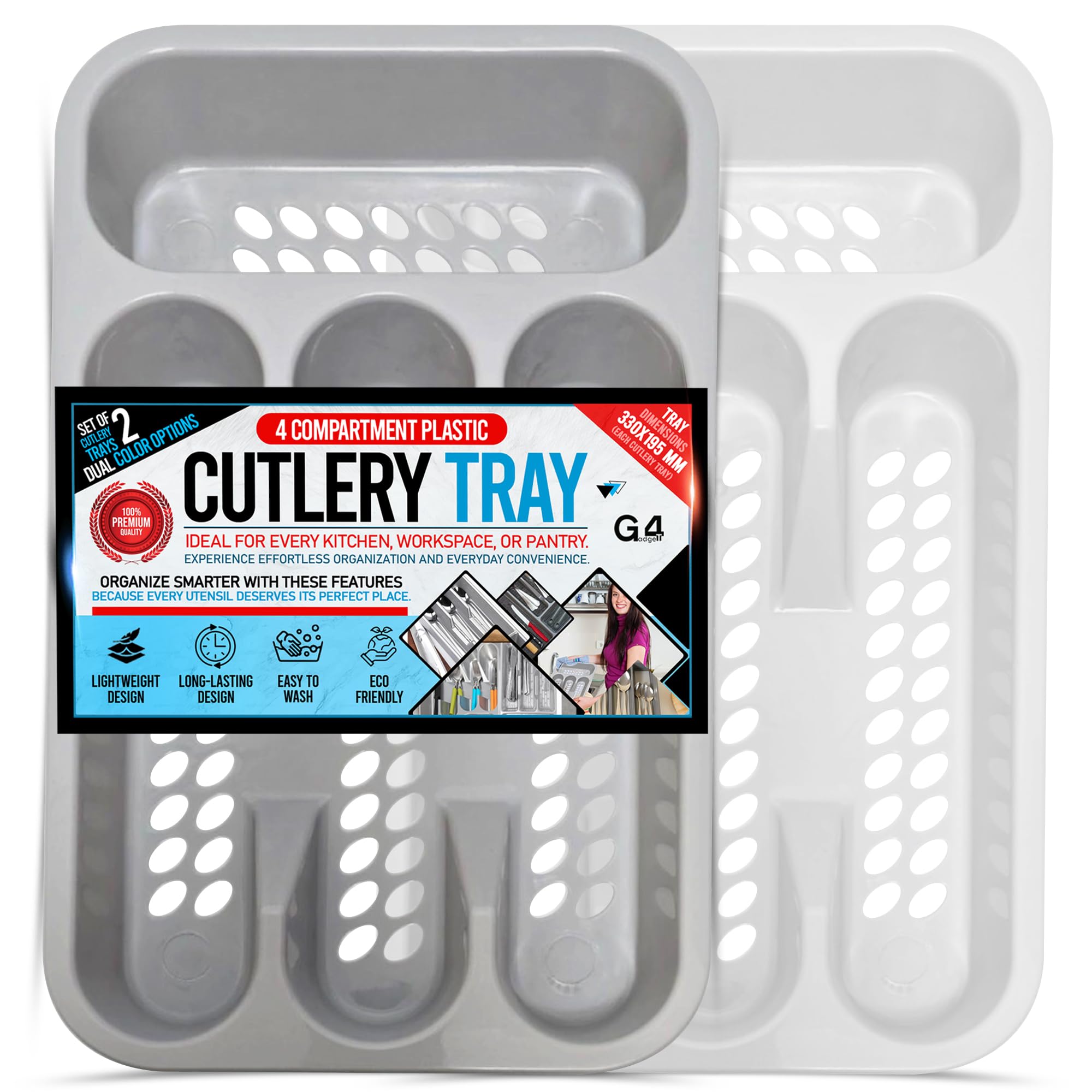 G4GADGET 4 Compartment Cutlery Drawer Organiser 2 Pack – Grey & White Plastic Utensil Tray for Knives, Forks, Spoons & Kitchen Tools – Durable Drawer Divider for Kitchen Storage & Organisation