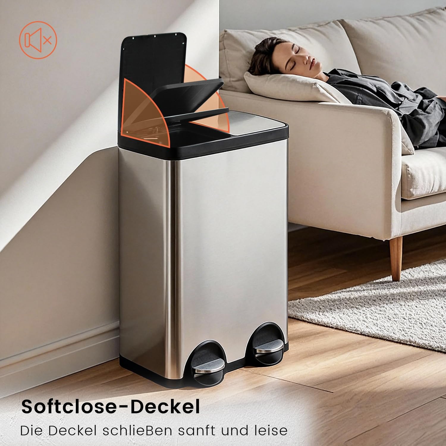 Mülleimer Küche 60l, 2x30L Mülltrennsystem, Tretmülleimer, Silber | Mülleimer 2 Fächer, Edelstahl, Herausnehmbarer Inneneimer,Mülleimer Geruchsdicht, Softclose Deckel, Für Mülltrennung Küche
