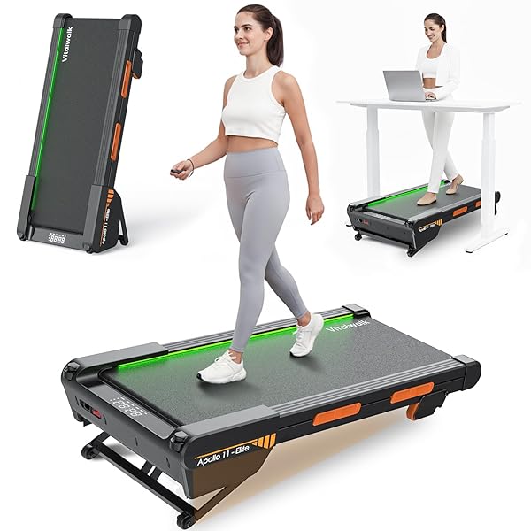 Walking Pad Treadmill with Auto Incline, Vitalwalk Wide Full Deck, 400lbs/350lbs Capacity, Portable Under Desk Treadmills for Home Office, 3.0HP Brushless, Vertical Space-Saving, Ambient Light, APP