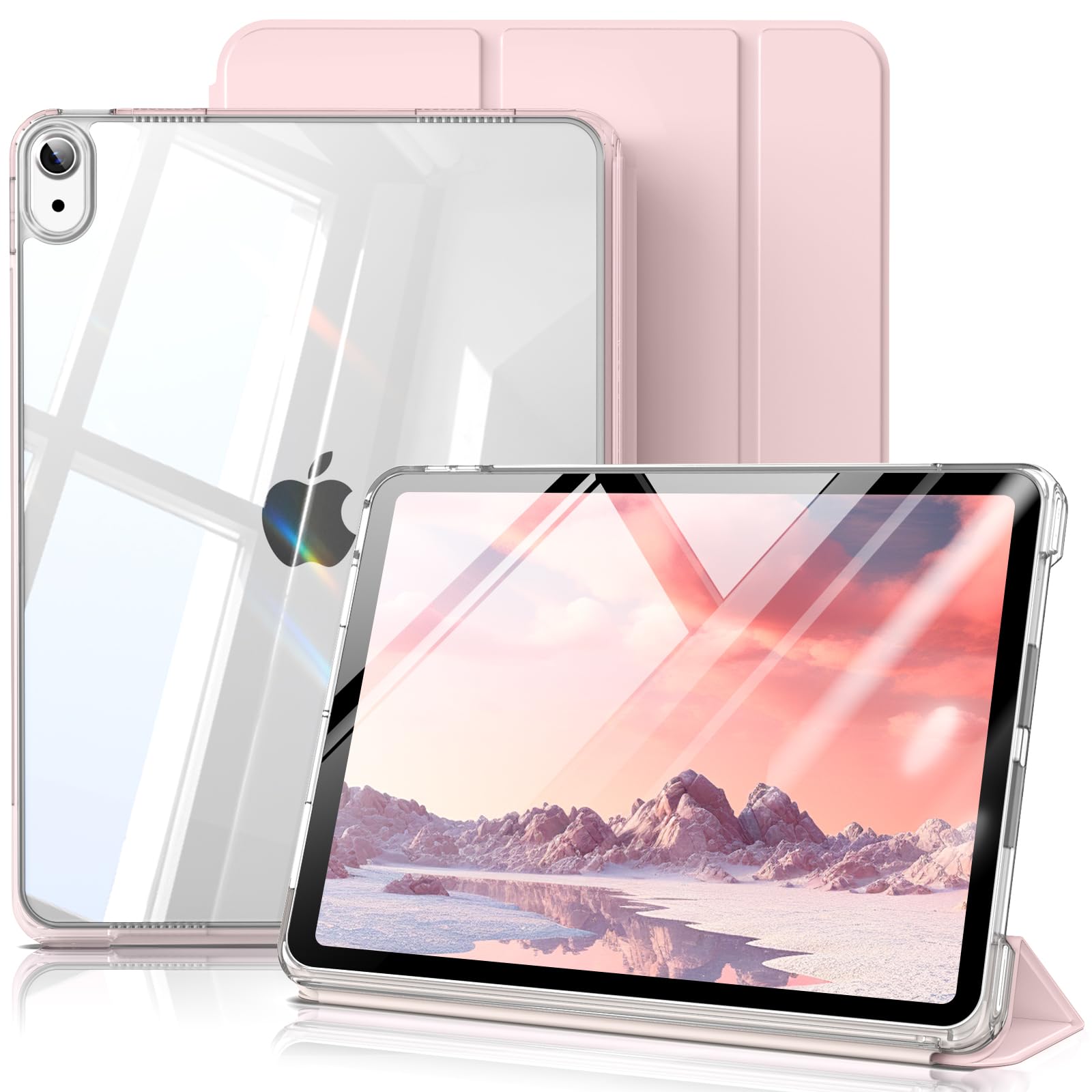 SQBEBS iPad 11世代/10世代 ケース 分離式 11インチ 2025/10.9インチ 2022 クリア 透明 背面 着脱式 カバー 三つ折りスタンド Touch IDとオートスリープ機能対応 軽量 薄型 傷つけ防止 PU合成レザー iPad A16 ケース ピンク
