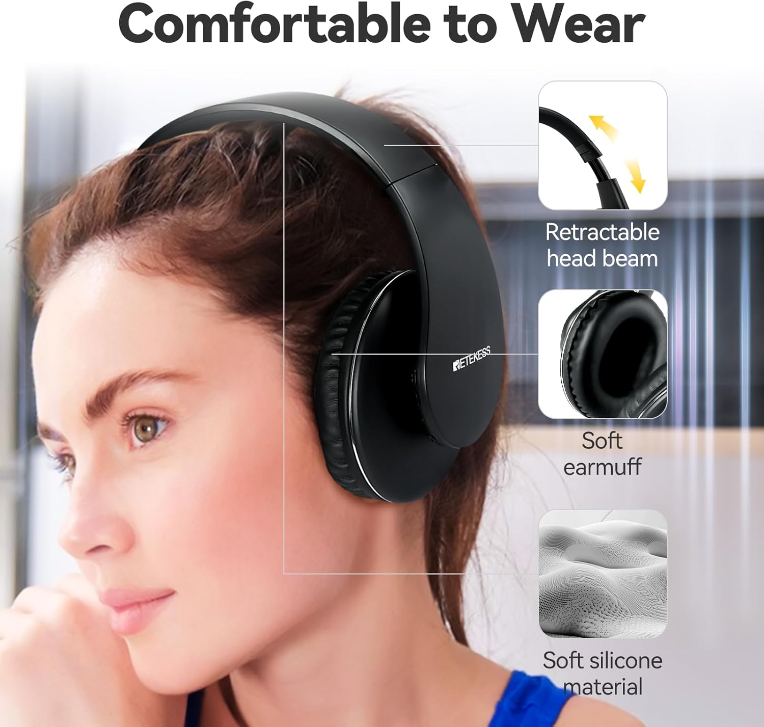 Image of a person wearing the Retekess TA005P headphones, highlighting retractable head beam and soft earmuffs.