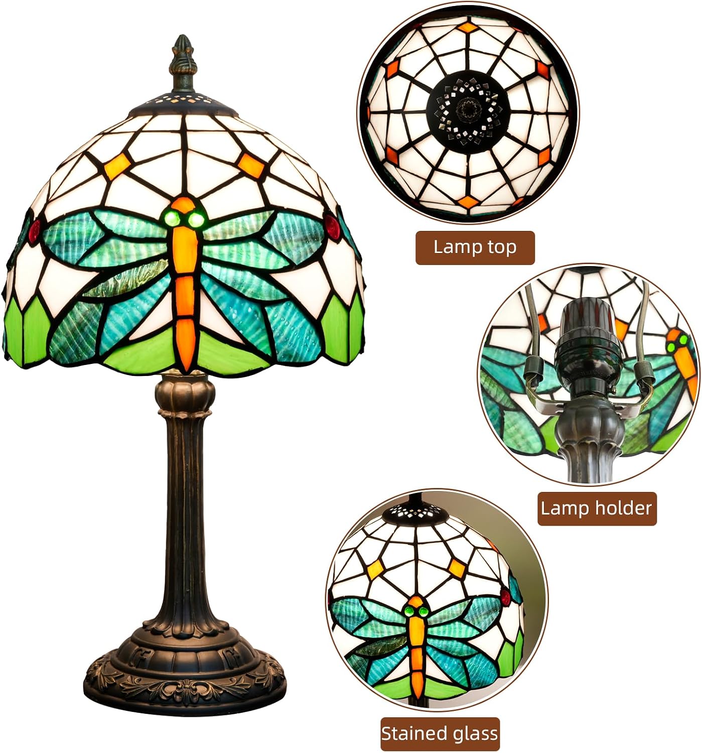 Tiffany Table Lamp Green Dragonfly Stained Glass Bedside Lamp Antique Unique Cute Accent Nightstand Light for Home Living Room Office Dormitory Bar Decorate