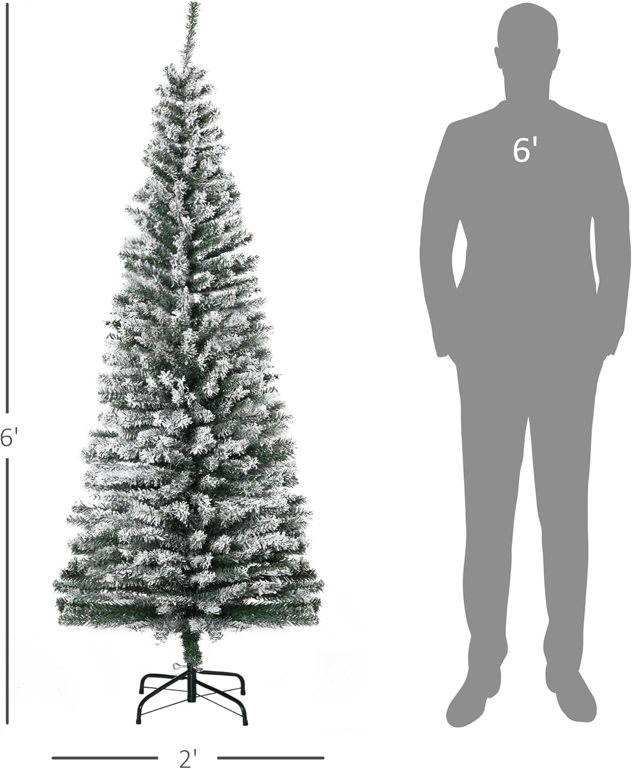 HOMOM 6ft Flocked Christmas Tree, Pencil Artificial Xmas Tree with Faux Snow, Dense Branches, Foldable Metal Base for Indoor Holiday Decor
