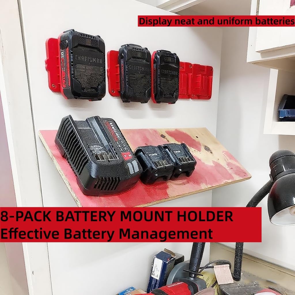8 Pack Battery Holder Compatible for Craftsman 20V Battery Mounts Dock Wall Mount Holder Compatible with CMCB204 CMCB202 CMCB201 CMCS500B, Durable ABS Plastic with 16 Screws (No Battery)