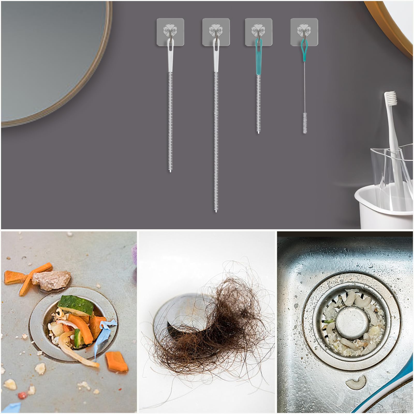 4 Piezas Cepillo de Limpieza para Desagüe, Flexible Cepillo de Limpieza de Tuberías, Cepillos para Tuberías, Cepillo Limpiador de Conductos para Baño Cocina (20, 21, 45, 70cm, 4 Longitudes)