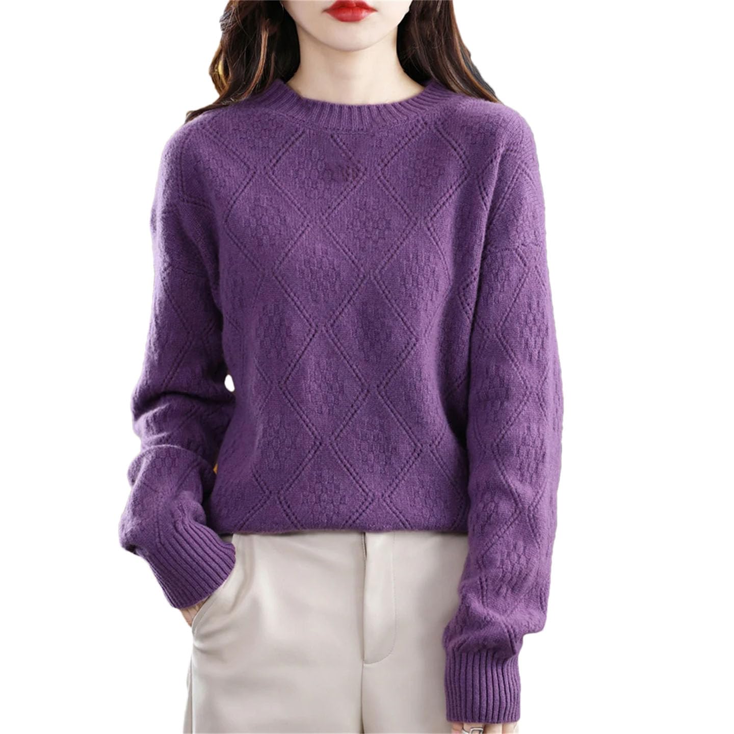 Maglione da donna in lana con scollo rotondo, lavorato a maglia, caldo, tinta unita, morbido e spesso