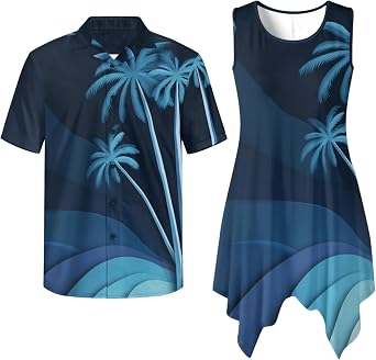 TOADDITDO Couple Shirts and Dress Matching Outfit Womens Sleeveless Flared Mini Sundress or Mens Buttons Hawaiian Aloha Shirt