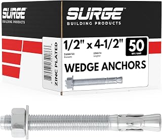 Surge 1/2" x 4-1/2" Zinc-Plated Wedge Anchors for Concrete - Heavy-Duty 1/2" Anchor Bolts, Box of 50