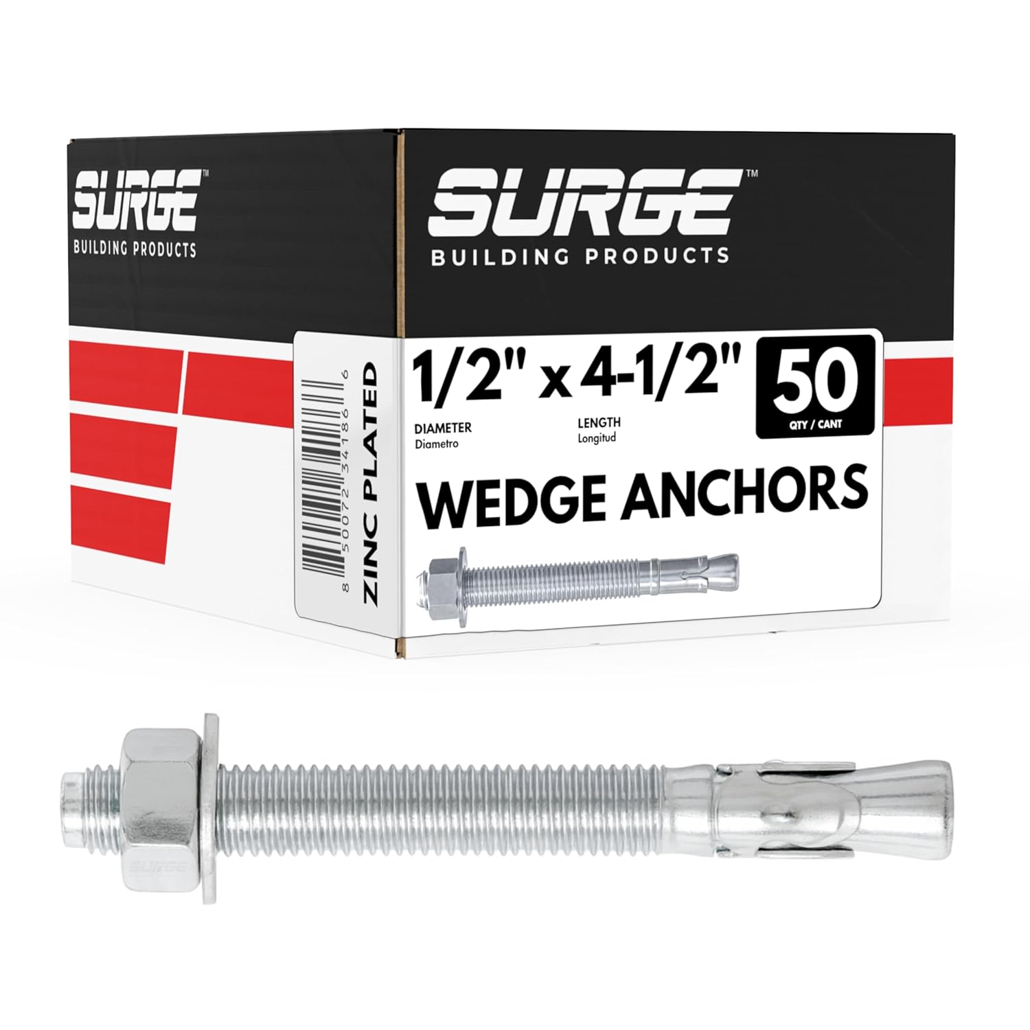 Surge 1/2" x 4-1/2" Zinc-Plated Wedge Anchors for Concrete - Heavy-Duty 1/2" Anchor Bolts, Box of 50