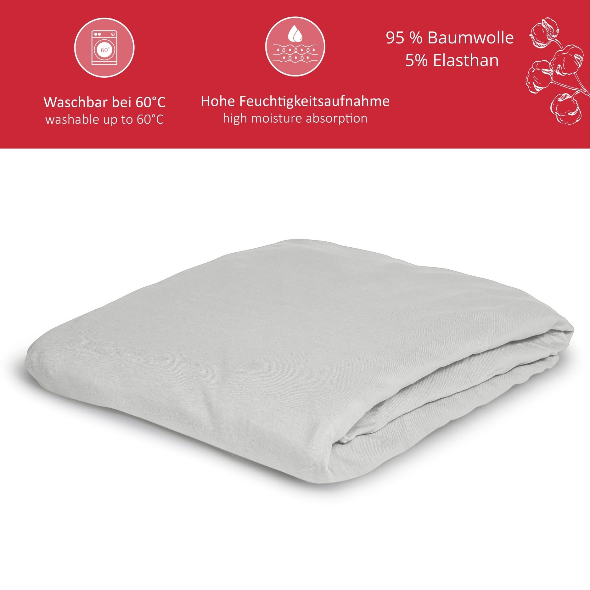 liebling Jersey Elasthan Spannbetttuch 180 x 200-200 x 220 cm, Spannbettlaken aus 95% Baumwolle, 5% Elasthan für Matratzen bis 30 cm Höhe, Rundum Gummizug, Ökotex, waschbar 60 Grad, Silber