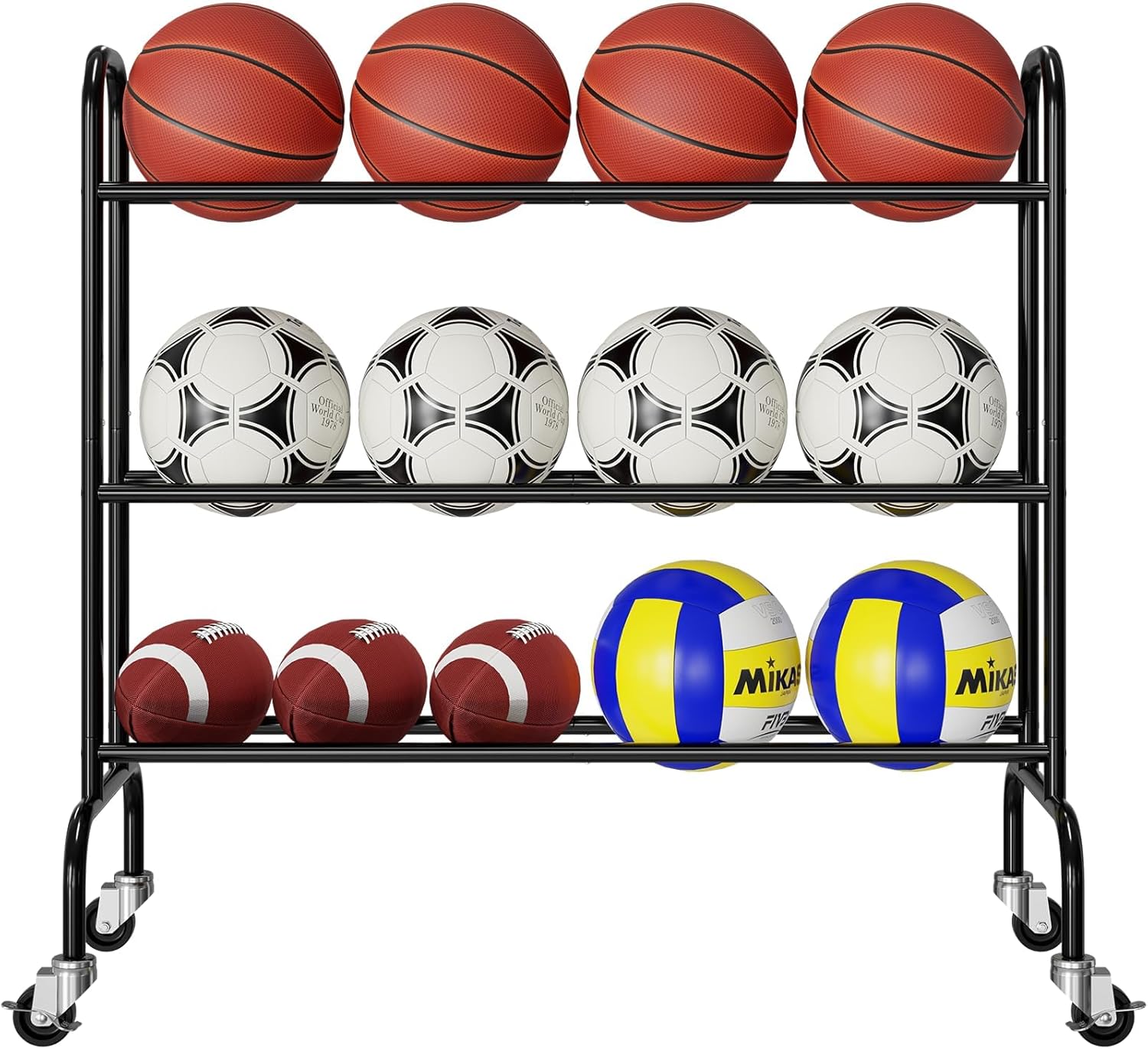 Basketball Rack 3 Tier, Rolling Sport Equipment Holder Ball Storage Cart for Basketball, Football and Soccer, Suitable for Indoor and Outdoor, Black