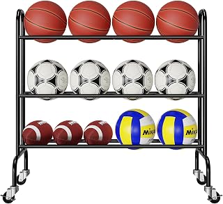 Basketball Rack, Rolling Sport Equipment Holder Ball Storage Cart for Basketball, Football and Soccer, Suitable for Indoor and Outdoor, Black
