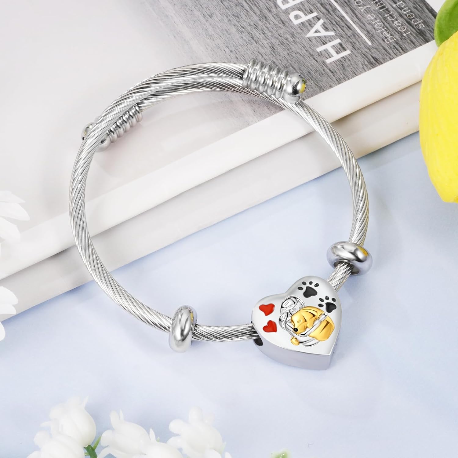 abooxiu Engraved Cremation Jewelry for Pet Ashes Pawprint Heart Ashes Bracelet Keepsake Memorial Urn Bracelet Stainless Steel Ashes Holder Urn Jewelry for Cat Dog