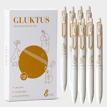 Retractable Rolling Ball Pens 0.35mm Ultra Fine Point,White Barrels,Black Gel Ink,Pack of 8,Smooth Writing For Journaling, Notetaking,Cute Office School Supplies Gifts for Women and Girls