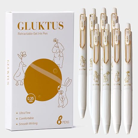 GLUKTUS Retractable Rolling Ball Pens 0.35mm Ultra Fine Point,White Barrels,Black Gel Ink,Pack of 8,Smooth Writing For Journaling, Notetaking,Cute Office School Supplies Gifts for Women and Girls