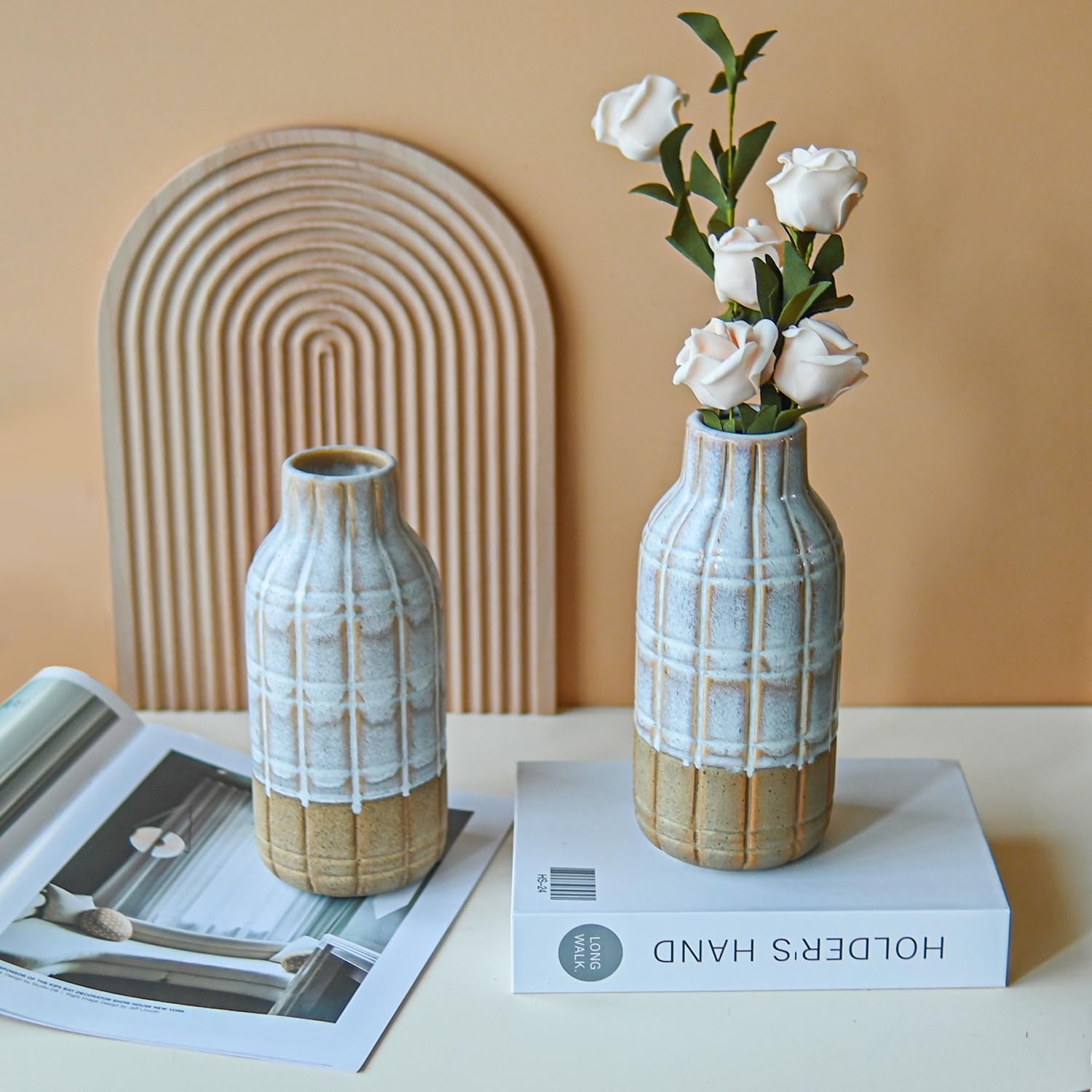 LIZOFER Rustic Farmhouse Ceramic Vase Set of 2 for Living Room Bedroom 8.27'' Small Unique Flower Vases for Home Decor Office Centerpieces Fireplace Vintage Antique Retro Gift for Plant 2 Pack