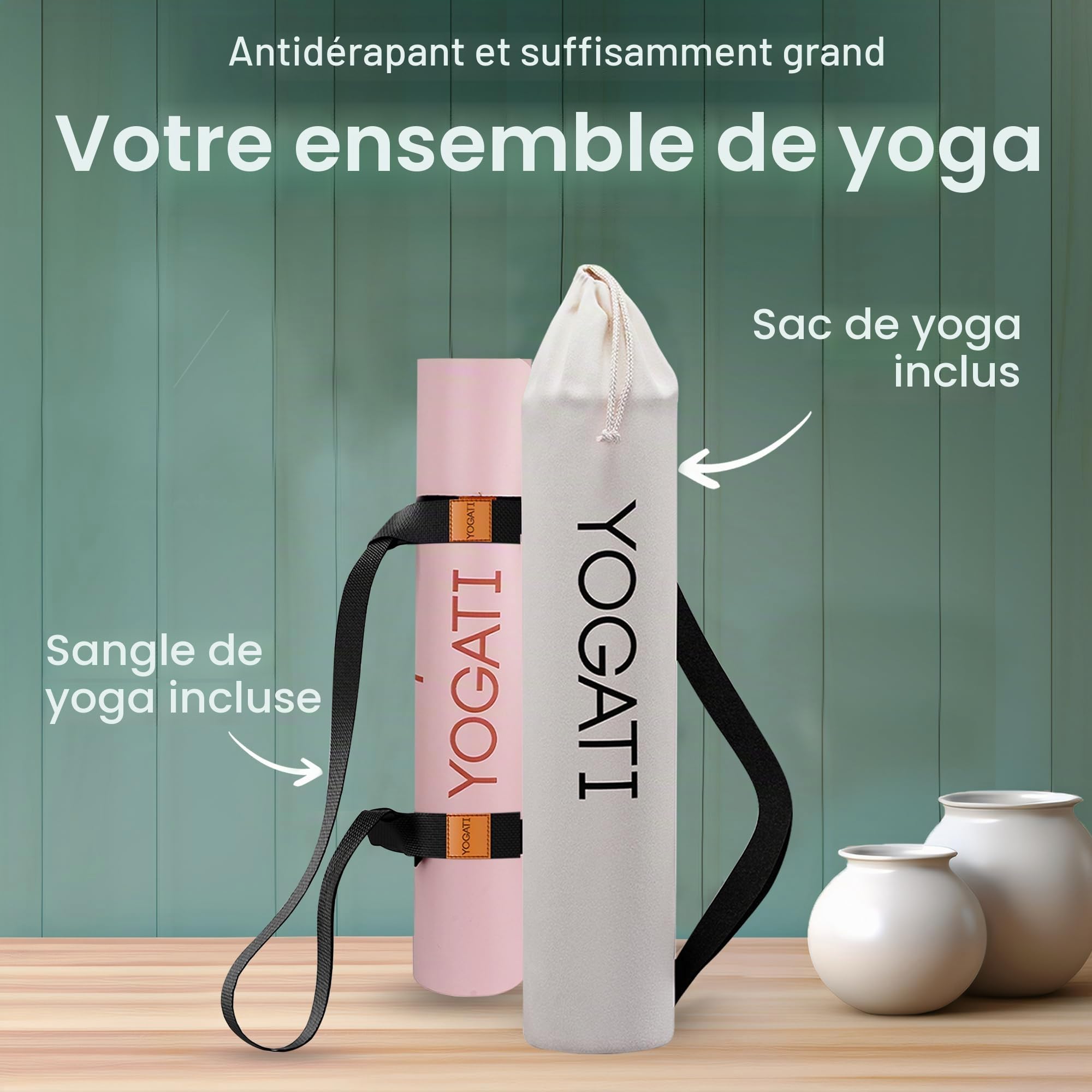 YOGATI® Tapis De Yoga Antidérapant en Caoutchouc Naturel | Tapis de Pilates portable avec une sangle de transport | Tapis de sport Fitness a la maison | Tapis Gym pour entrainement et exercise au sol