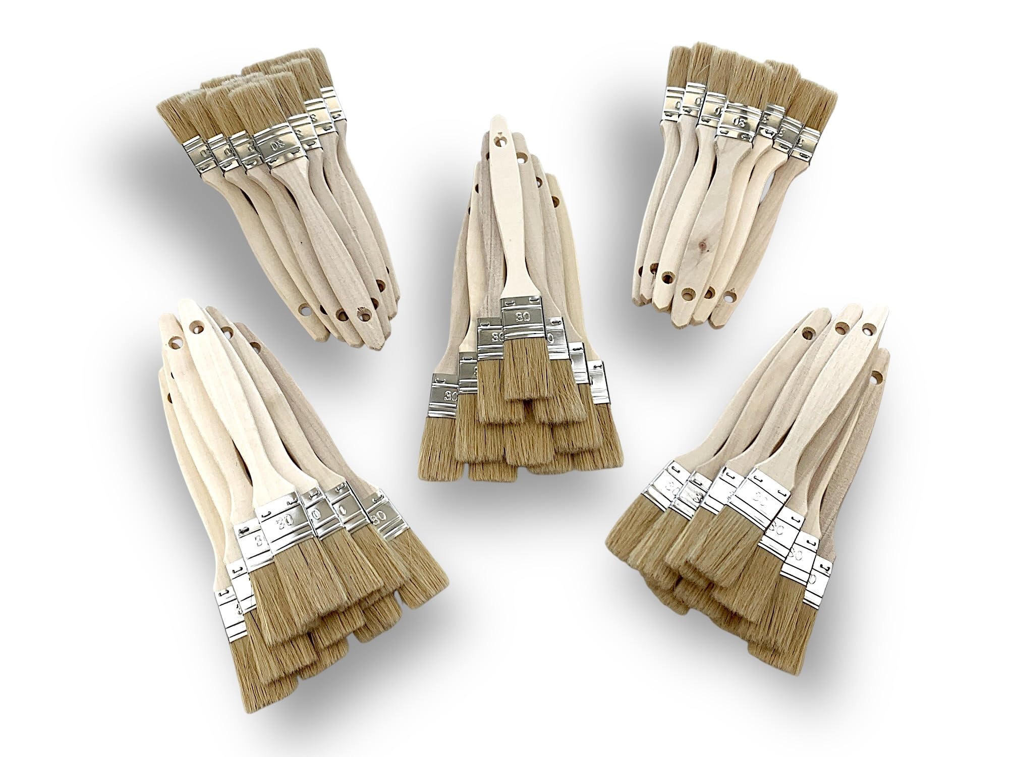 Lot de 50 pinceaux Queue de morue 30 mm | Soie Blanche Naturelle | Manche Bois Brut | Pinceaux Plats Multi-Supports | Peinture Huile, Acrylique, Vernis, lasure, Colle | Kibros 320_30x50