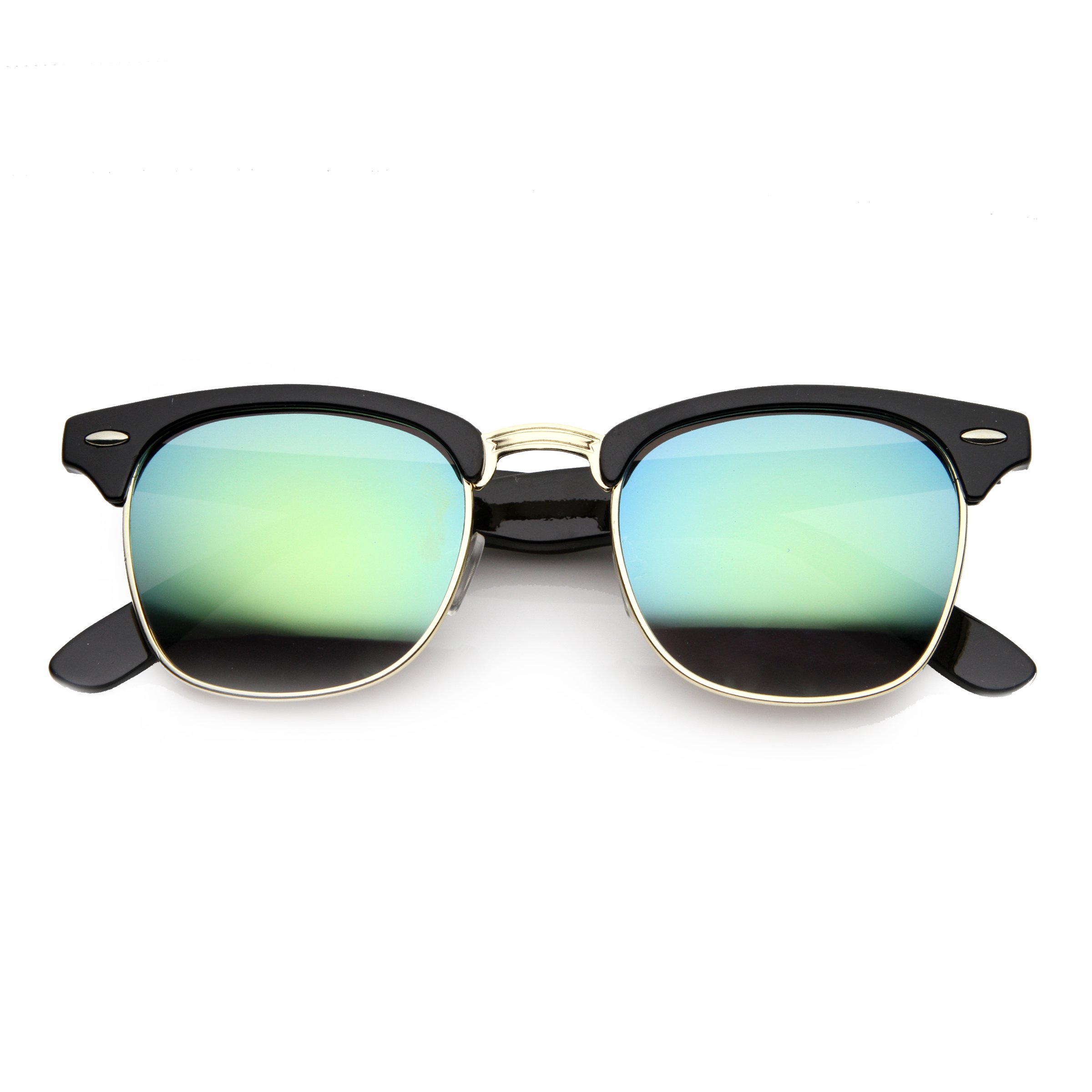 Premium Half Frame Horn Rimmed Sunglasses with Metal Rivets (Flash Mirror Series | Black/Sun)