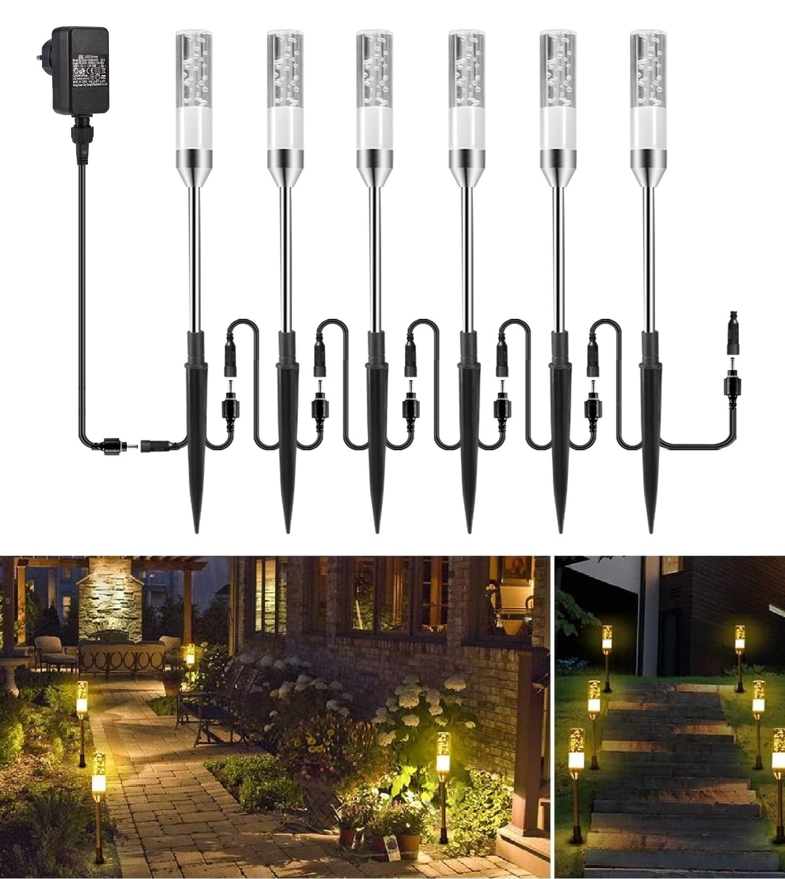ECOWHO 6er Set Warmweiß LED Gartenleuchtung mit Erdspieß IP65 Wasserdicht Gartenstrahler mit Strom, Erweiterbar Gartenleuchte mit Kabel, Gartenlampe außen für Outdoor Garten Rasen Hof