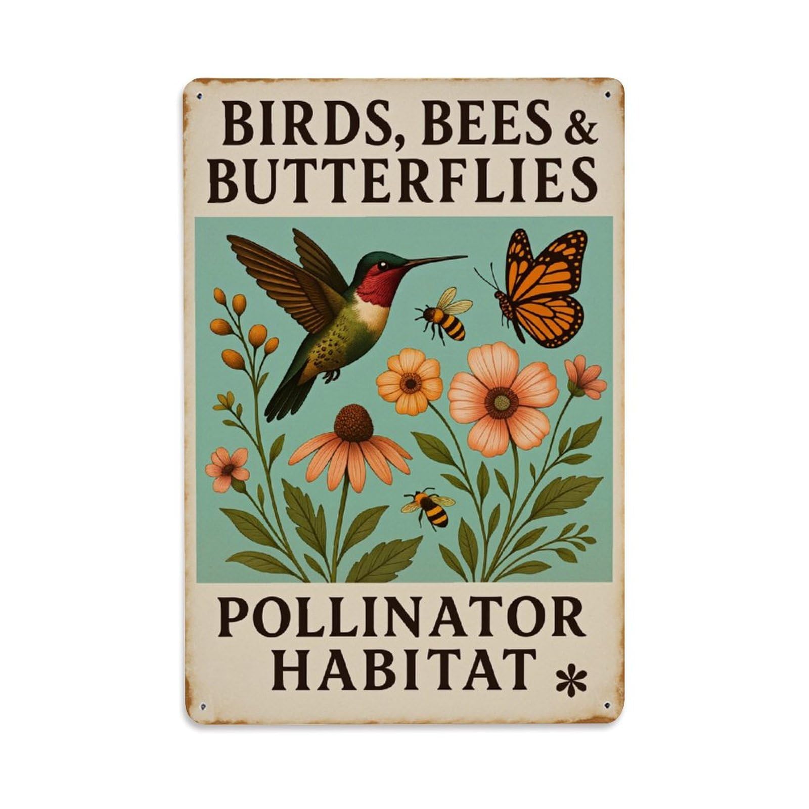 Enderetf Vintage Birds Bees Butterflies Pollinator Habitat Tin Sign Metal Poster, Home Bar Garage Man Cave Cafe Indoor & Outdoor Wall Decoration 8X12inches