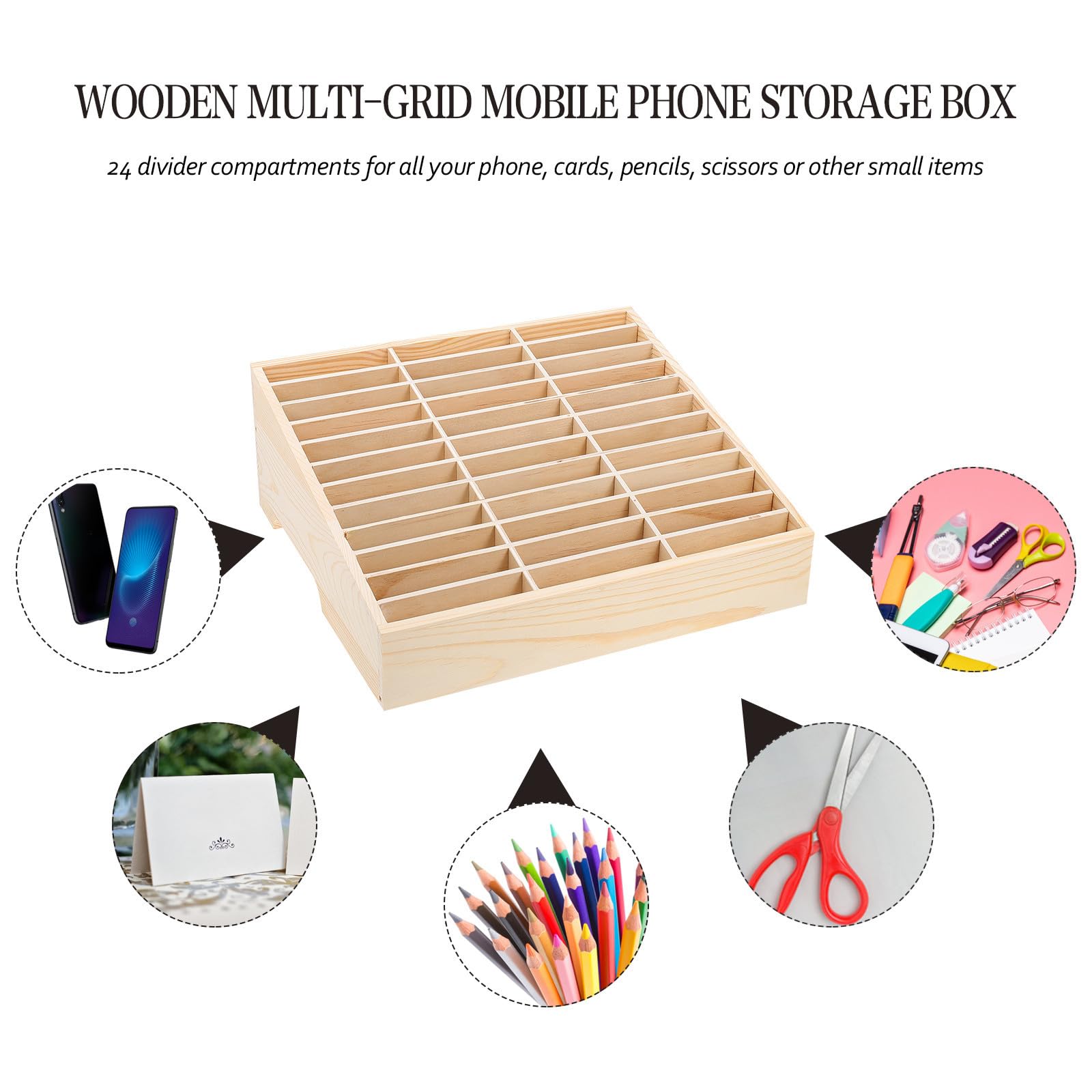 LABRIMP Caja Organizadora de Madera Superficie Pulida Fina para Teléfono Móvil Múltiples Rejillas y Diseño Elegante, Adecuado para Oficina y Escuela