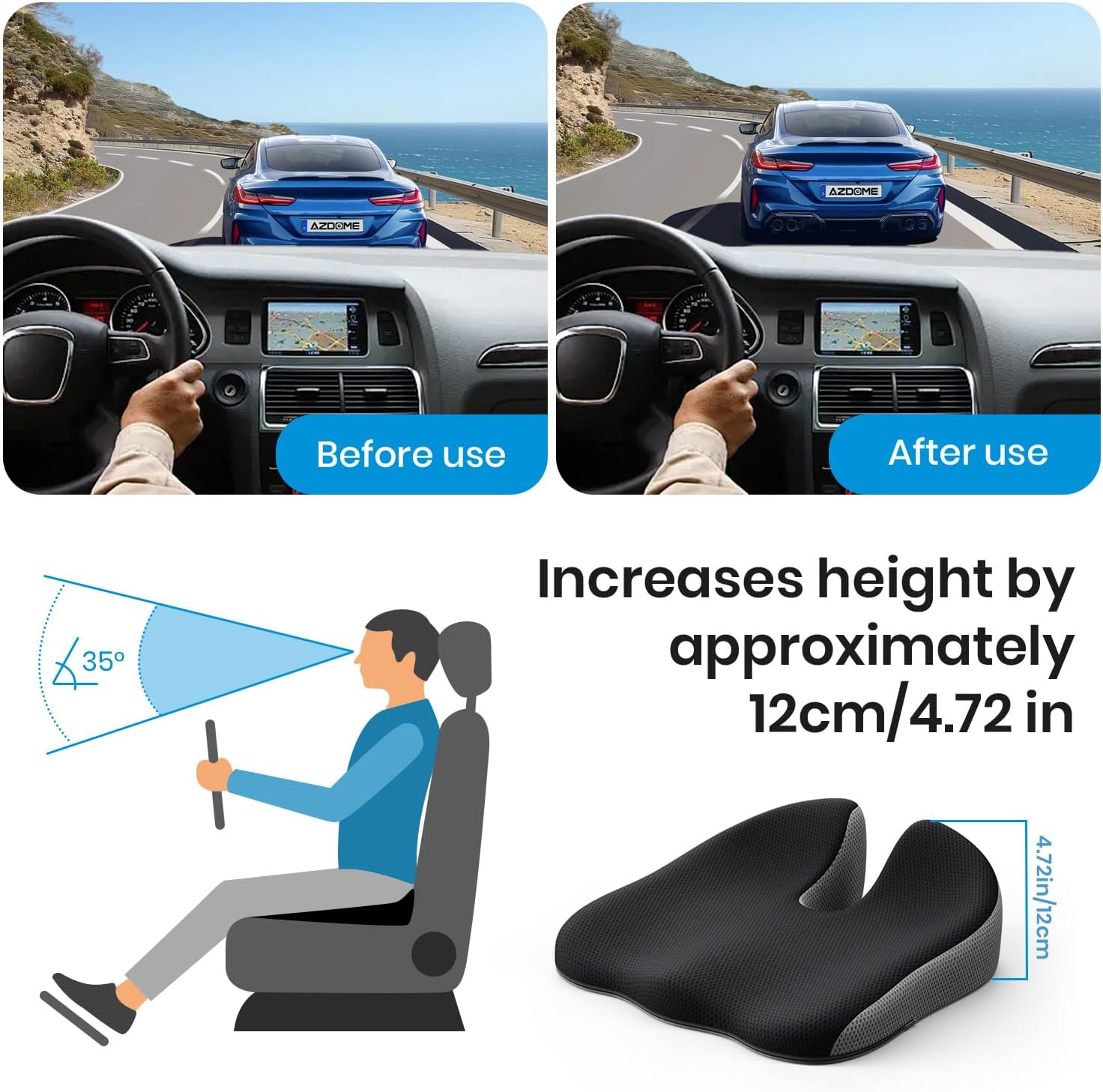 Benazcap Elevated Car Seat Cushion, Memory Foam Car Seat Pad, Height Boost Improves Driving View, Sciatica & Lower Back Pain Relief, Essentials for Long Road Trip Driving