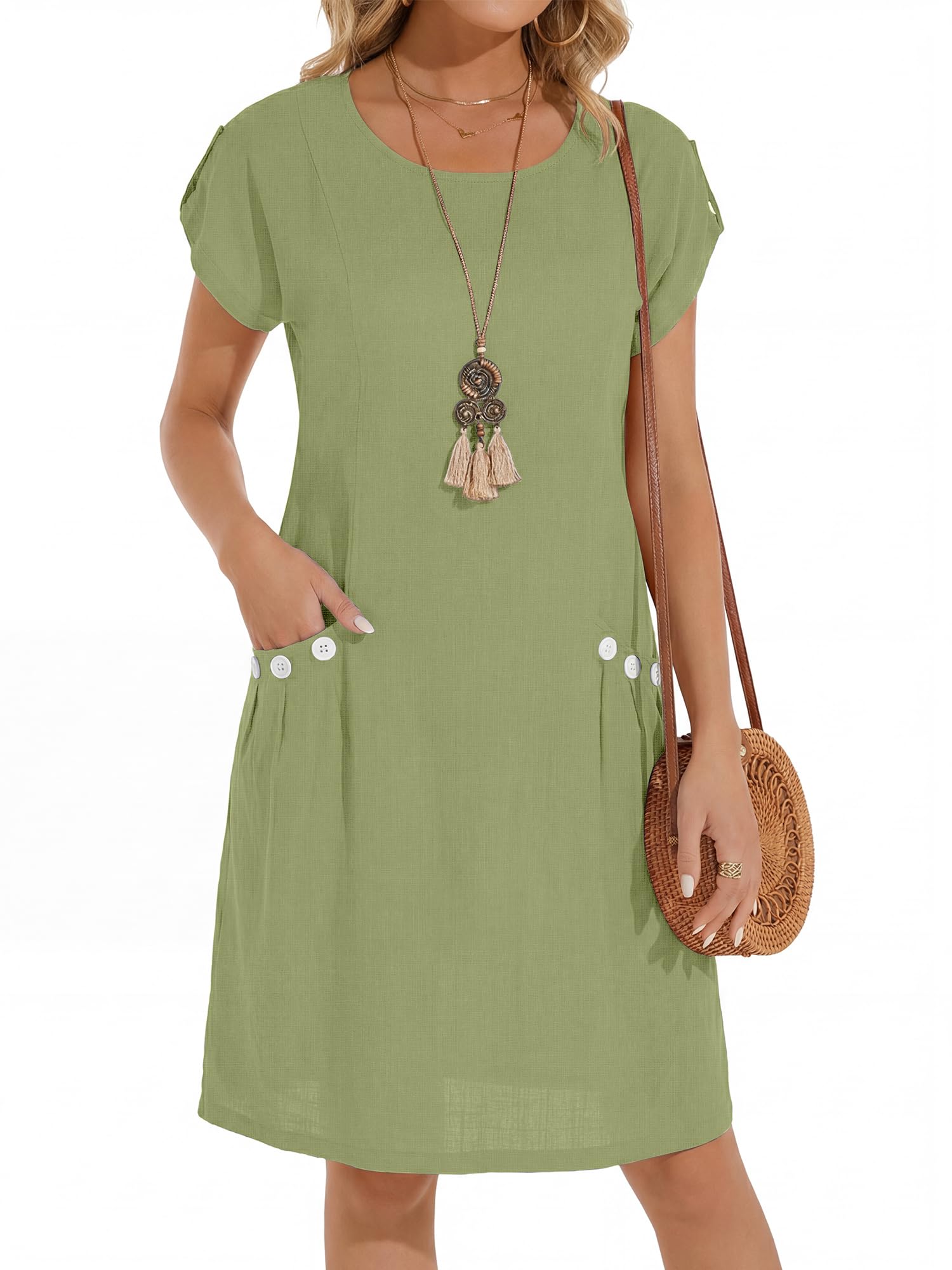 YYIDATON Sommerkleid Damen Leinen Rundhals Knielang Freizeitkleid A-Line Kurzarm Classics Midi Strand Kleider