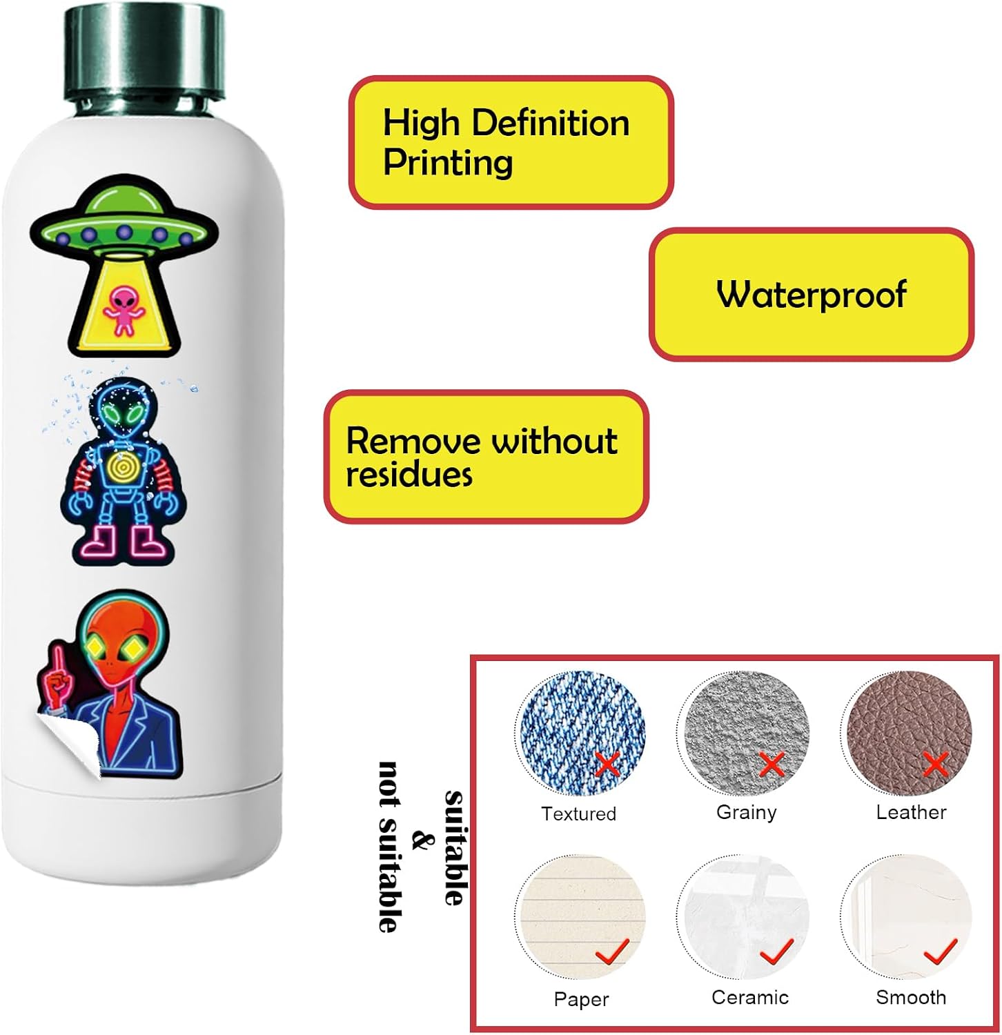 Ychsring Neon Alien Space Stickers - 56 Pcs Waterproof Vinyl image 5
